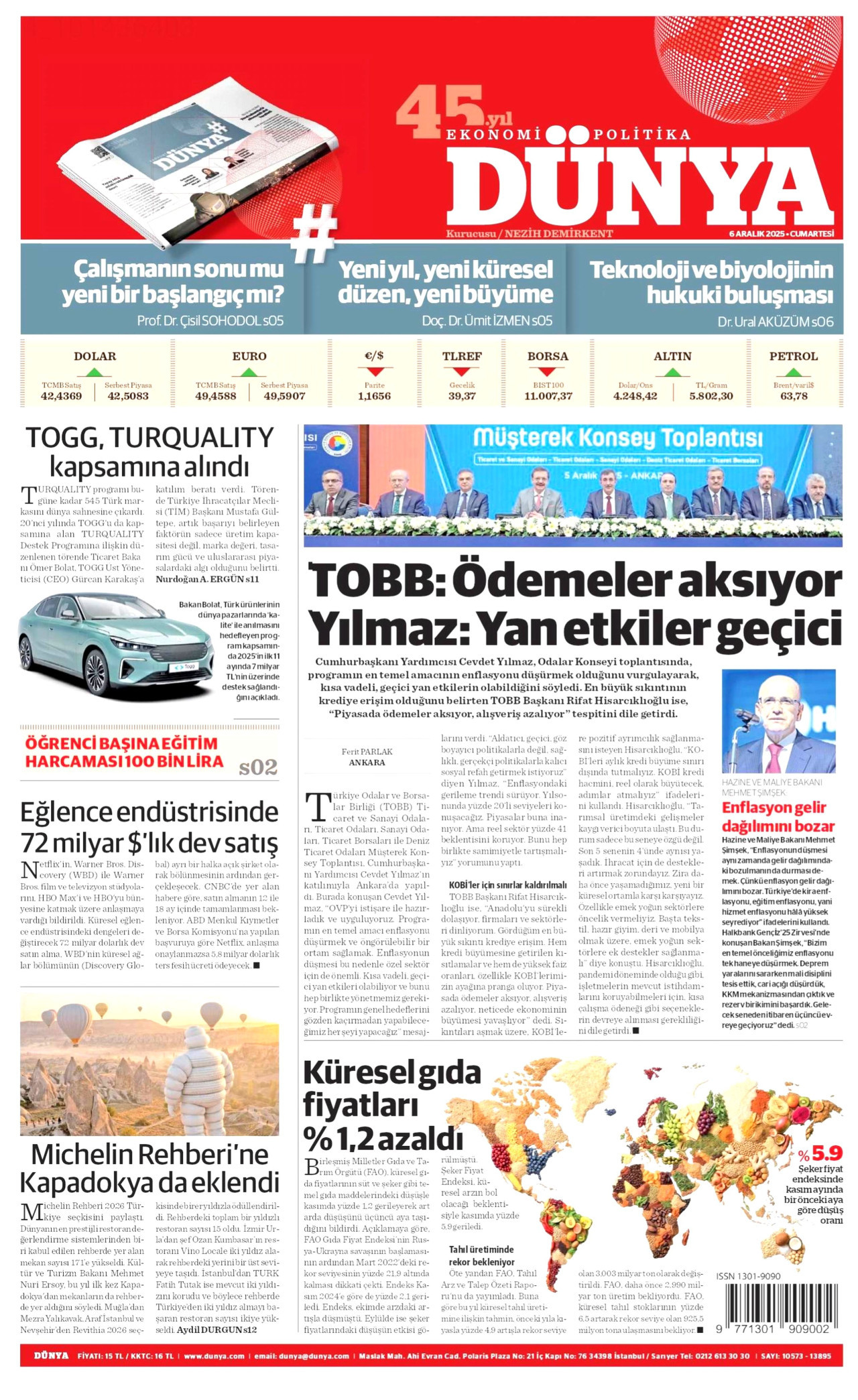 DÜNYA gazetesinin 6 Aralık 2025 tarihli birinci sayfası