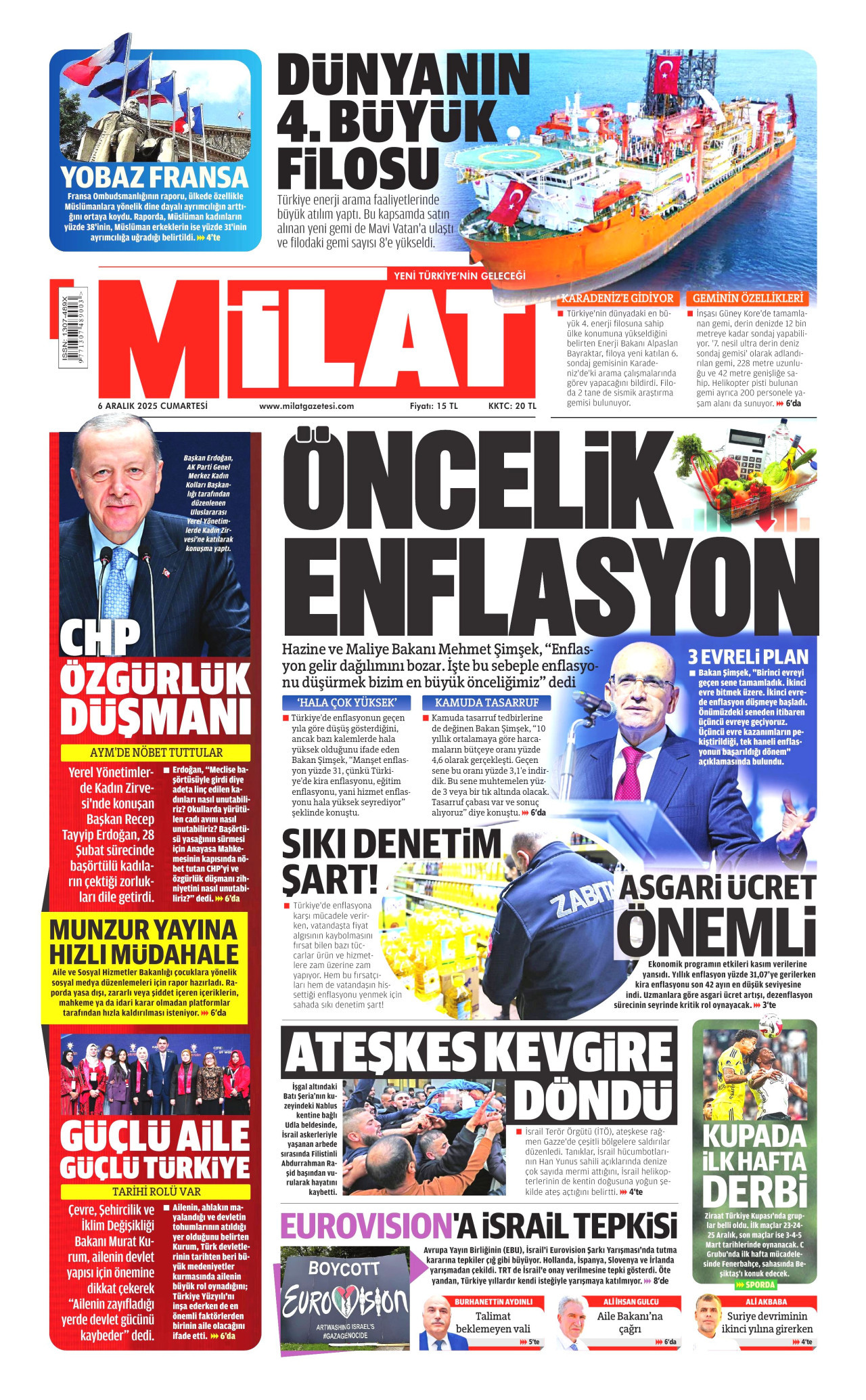 MİLAT gazetesinin 6 Aralık 2025 tarihli birinci sayfası
