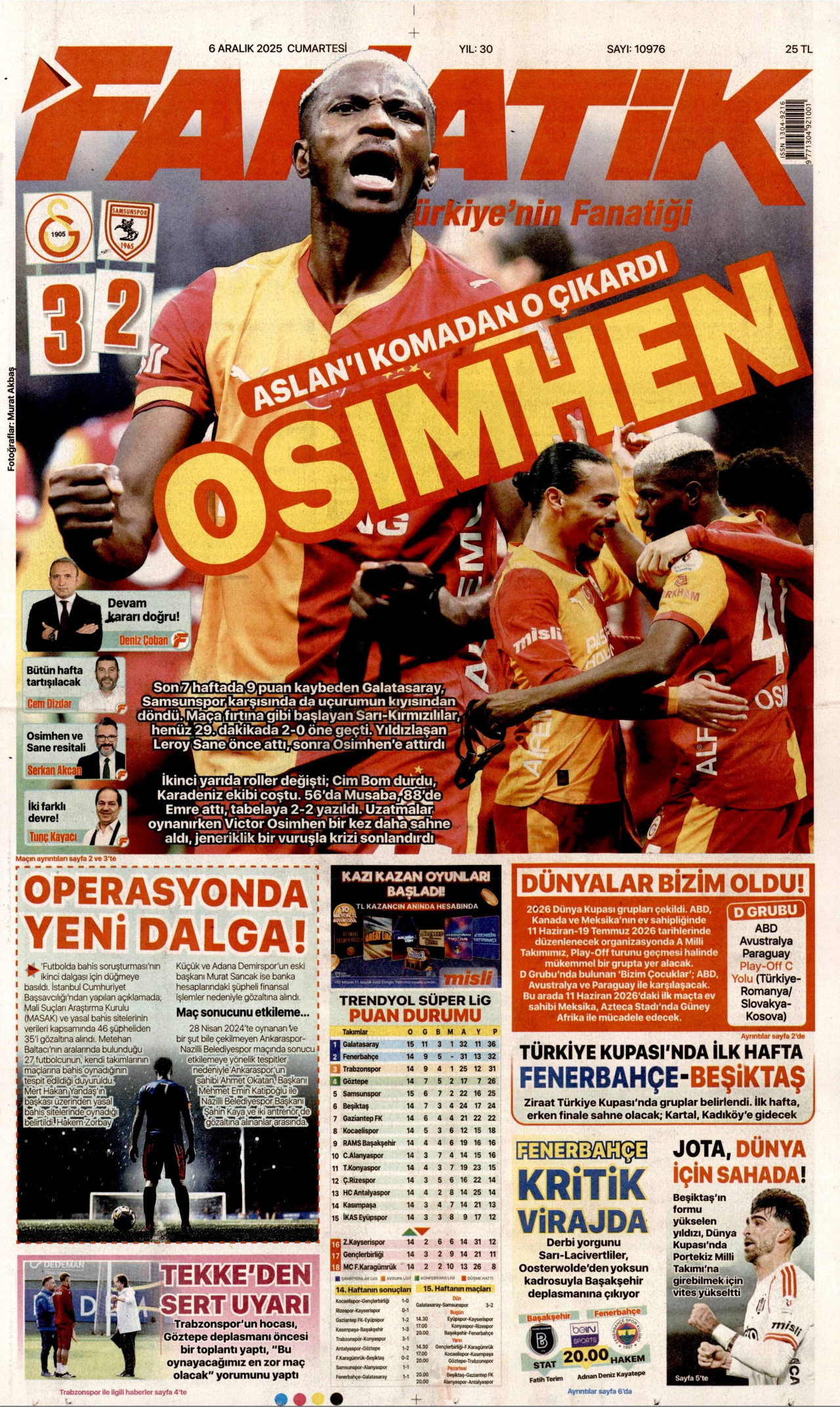 FANATİK gazetesinin 6 Aralık 2025 tarihli birinci sayfası
