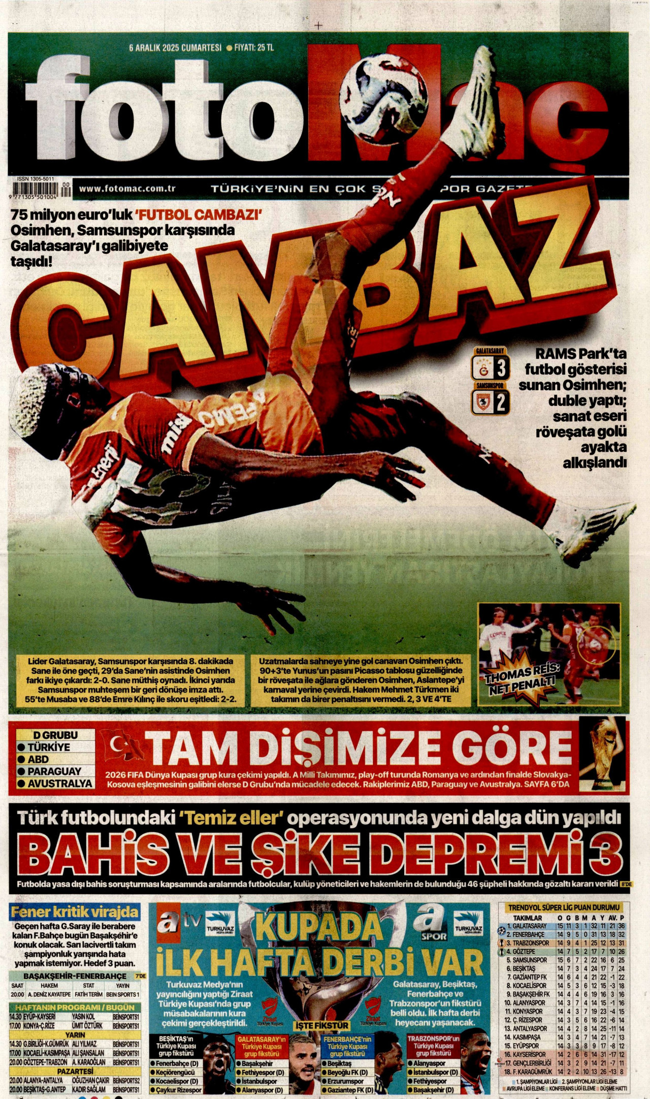 FOTOMAÇ gazetesinin 6 Aralık 2025 tarihli birinci sayfası