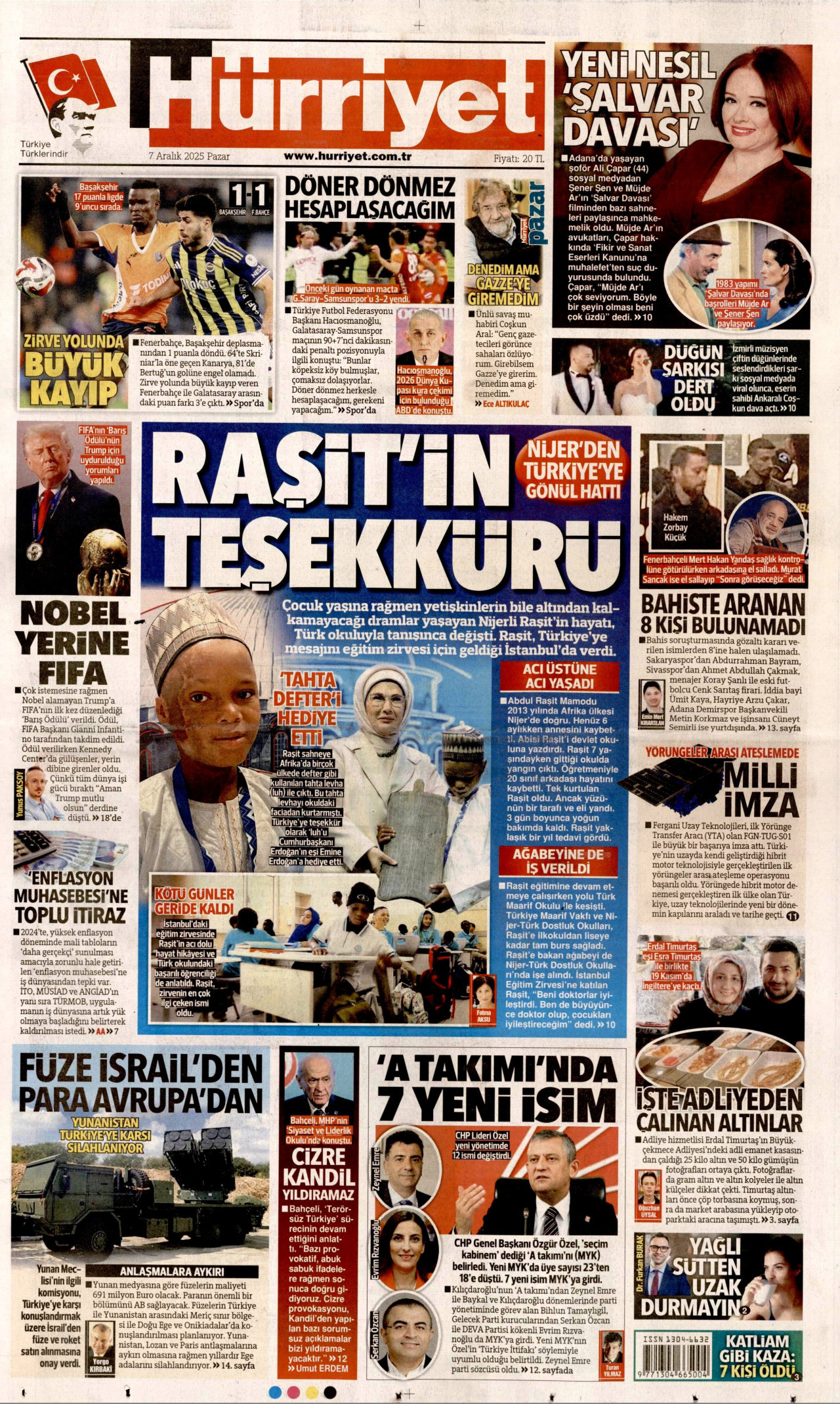 HÜRRİYET gazetesinin 7 Aralık 2025 tarihli birinci sayfası