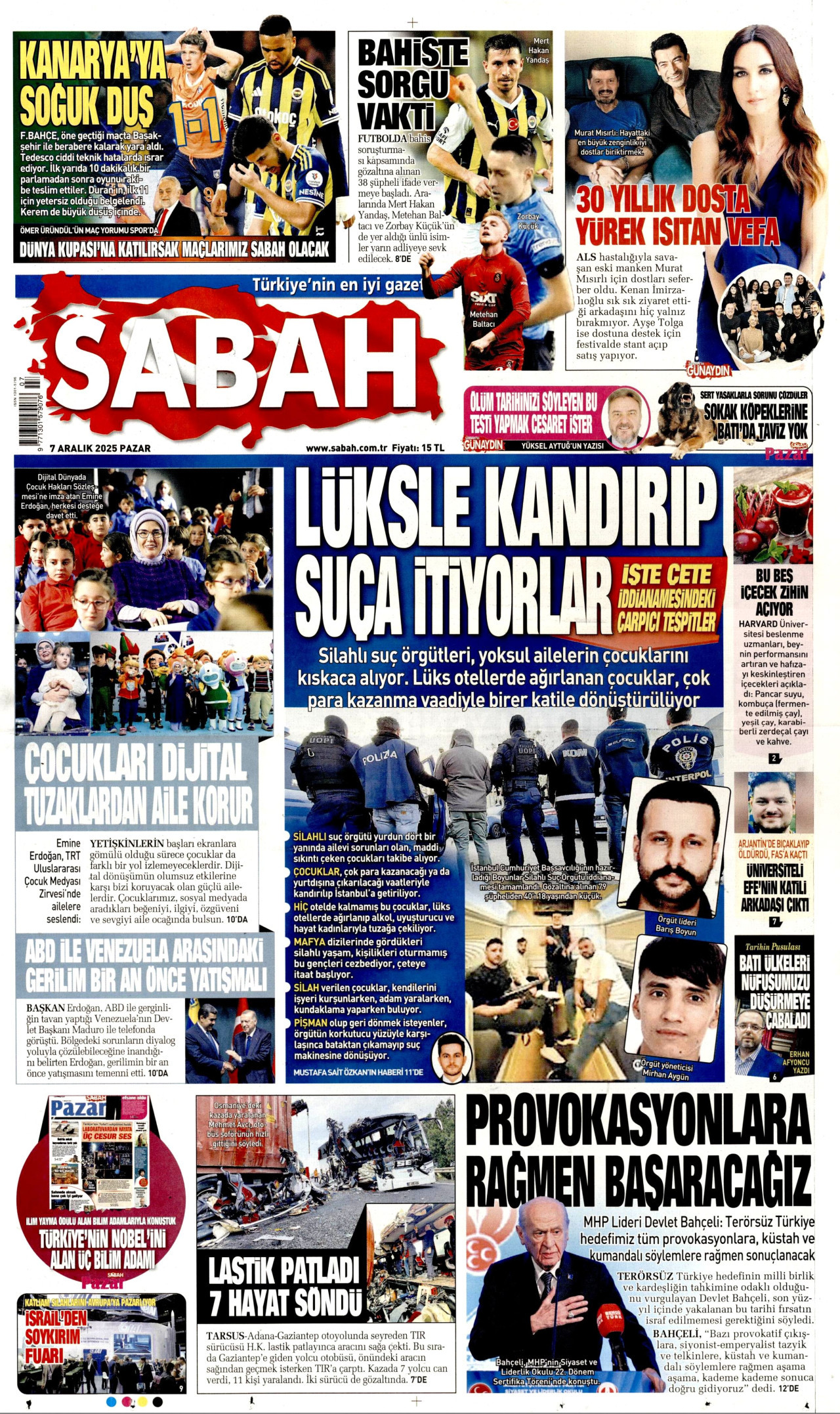 SABAH gazetesinin 7 Aralık 2025 tarihli birinci sayfası