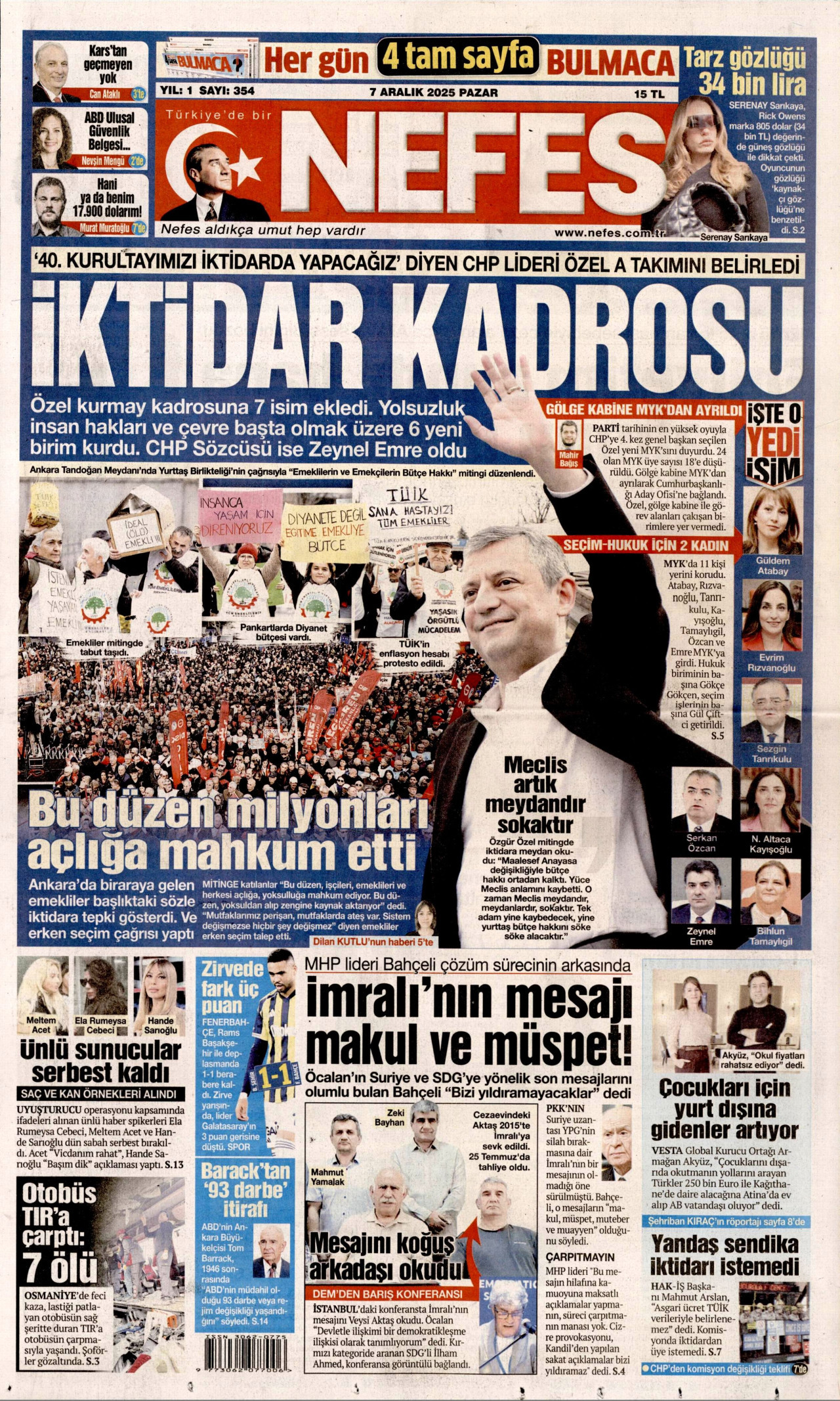 NEFES gazetesinin 7 Aralık 2025 tarihli birinci sayfası