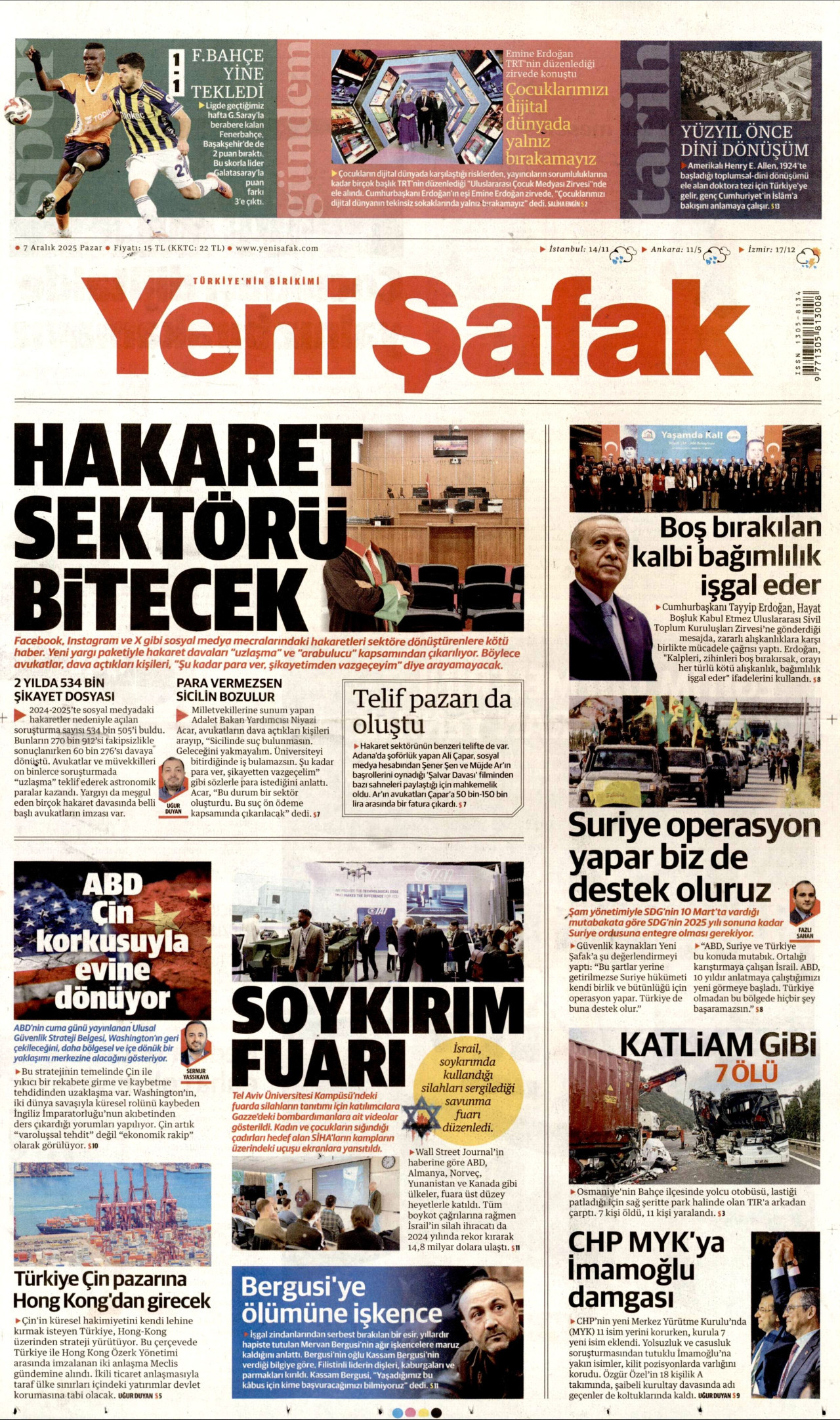 YENİ ŞAFAK gazetesinin 7 Aralık 2025 tarihli birinci sayfası