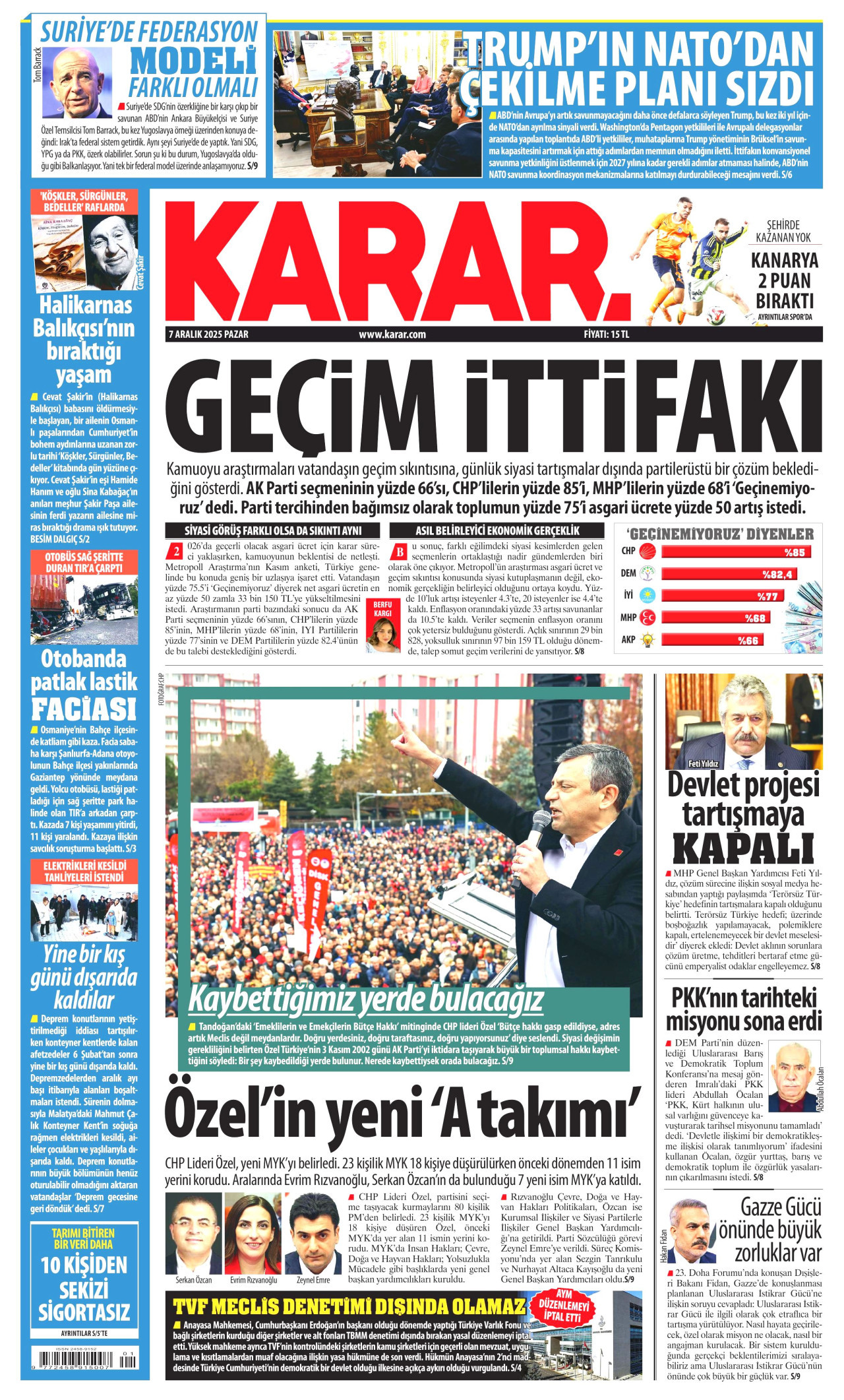 KARAR gazetesinin 7 Aralık 2025 tarihli birinci sayfası