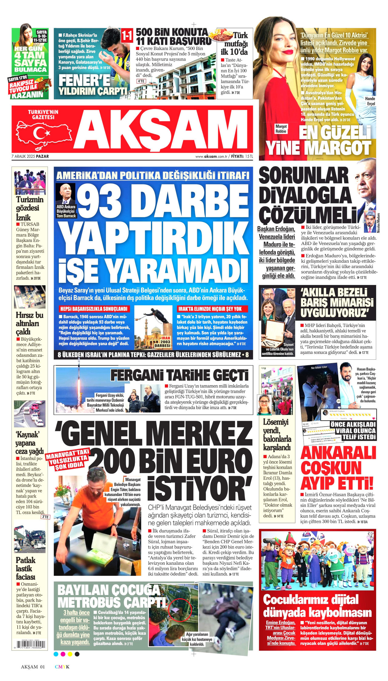 AKŞAM gazetesinin 7 Aralık 2025 tarihli birinci sayfası