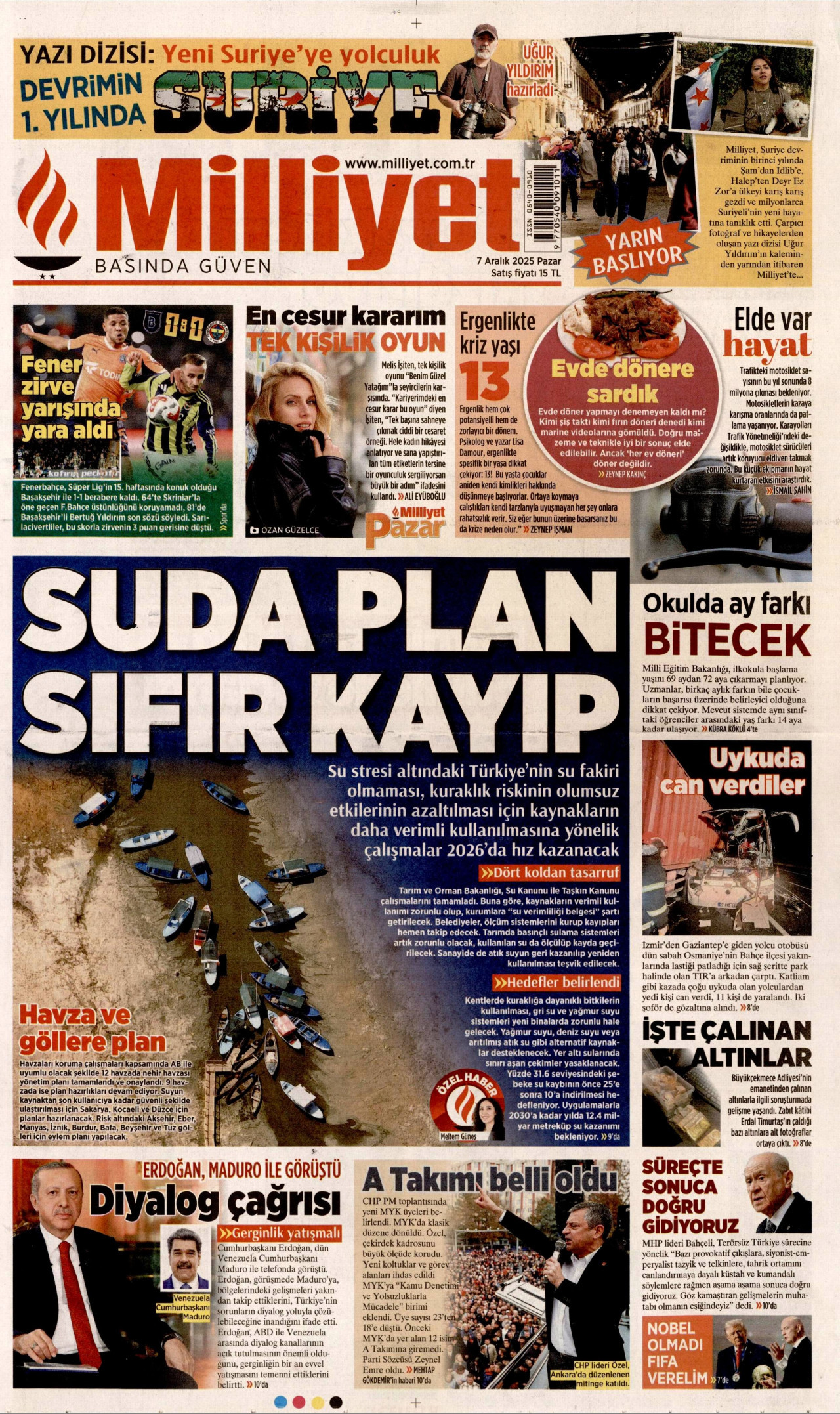MİLLİYET gazetesinin 7 Aralık 2025 tarihli birinci sayfası