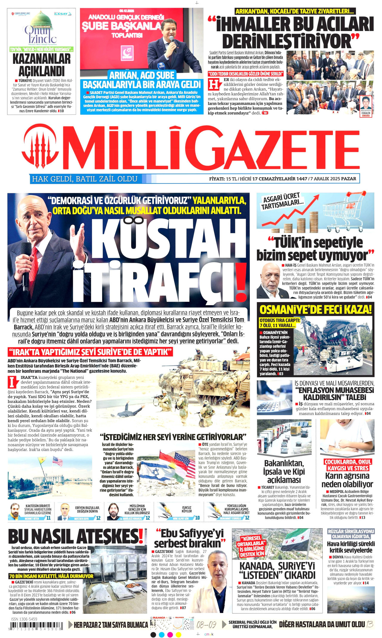 MİLLİ GAZETE gazetesinin 7 Aralık 2025 tarihli birinci sayfası