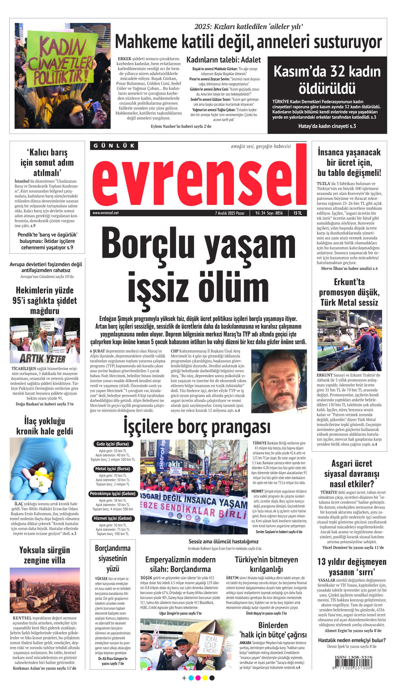 EVRENSEL gazetesinin 7 Aralık 2025 tarihli birinci sayfası