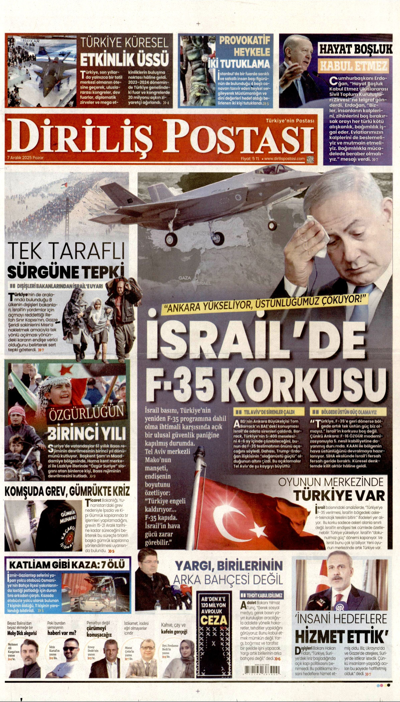 DİRİLİŞ POSTASI gazetesinin 7 Aralık 2025 tarihli birinci sayfası