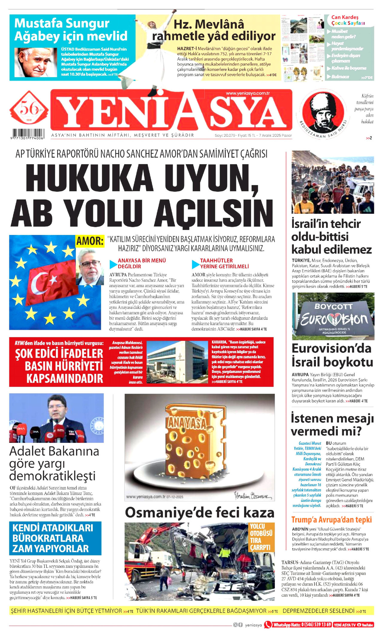 YENİ ASYA gazetesinin 7 Aralık 2025 tarihli birinci sayfası