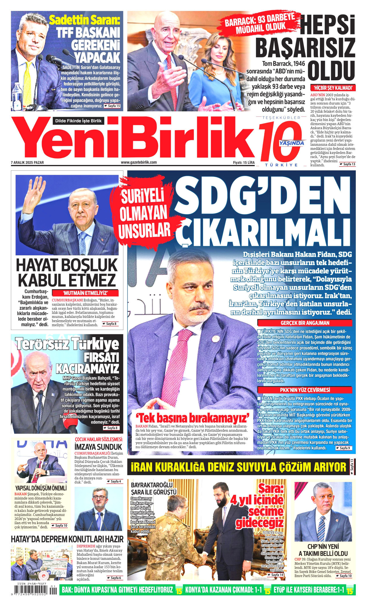 YENİBİRLİK gazetesinin 7 Aralık 2025 tarihli birinci sayfası