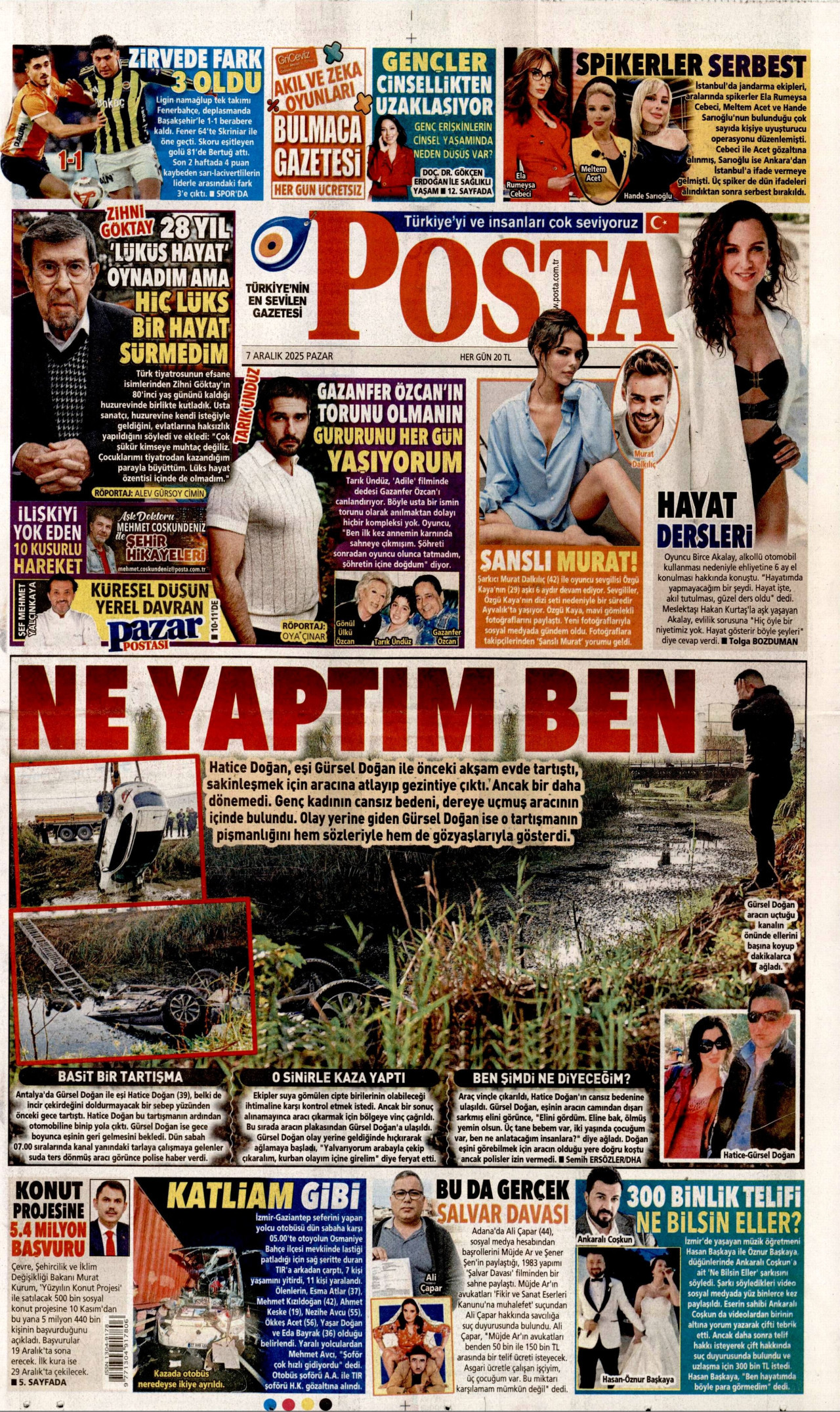 POSTA gazetesinin 7 Aralık 2025 tarihli birinci sayfası