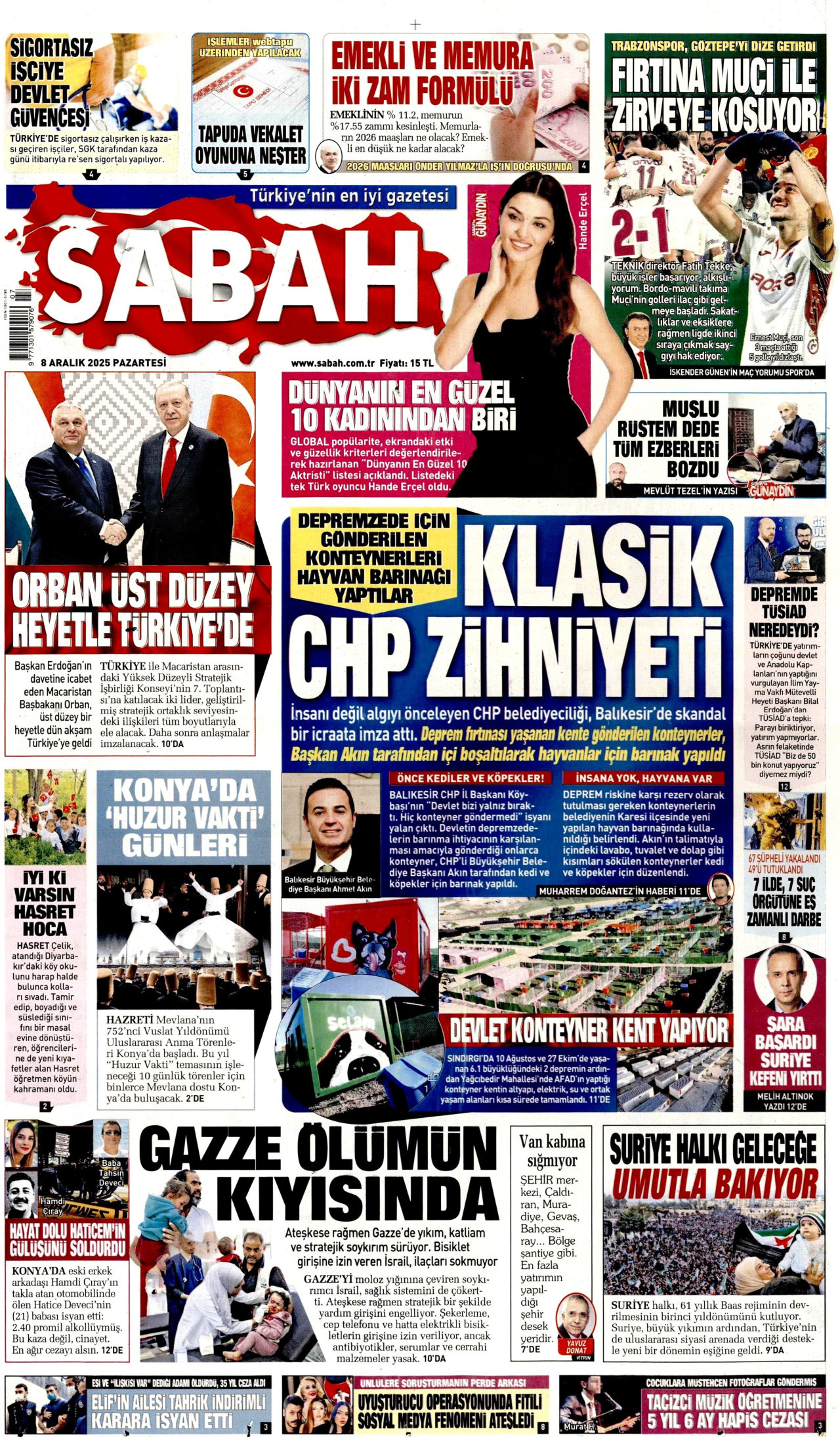 SABAH gazetesinin 8 Aralık 2025 tarihli birinci sayfası