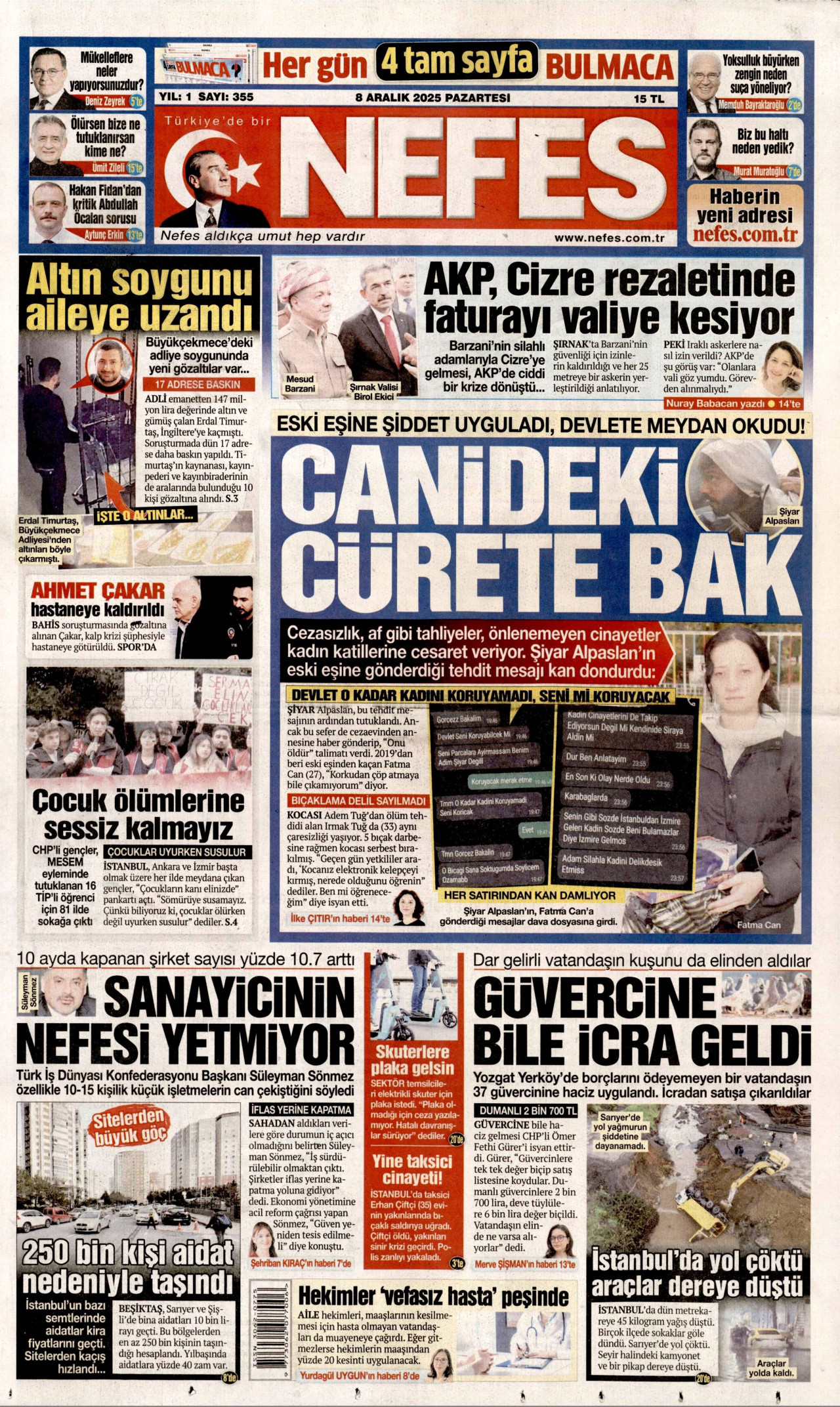 NEFES gazetesinin 8 Aralık 2025 tarihli birinci sayfası