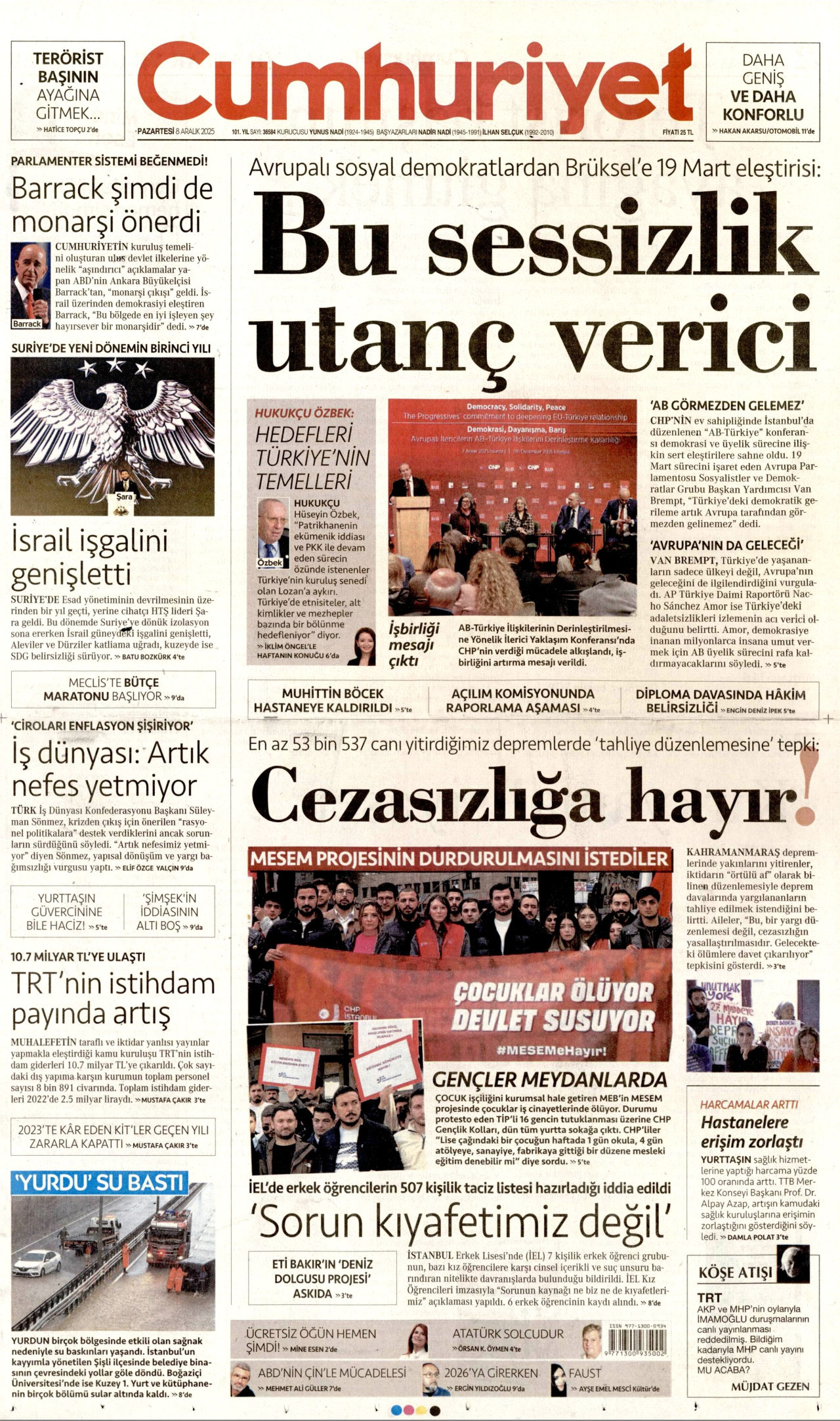 CUMHURİYET gazetesinin 8 Aralık 2025 tarihli birinci sayfası