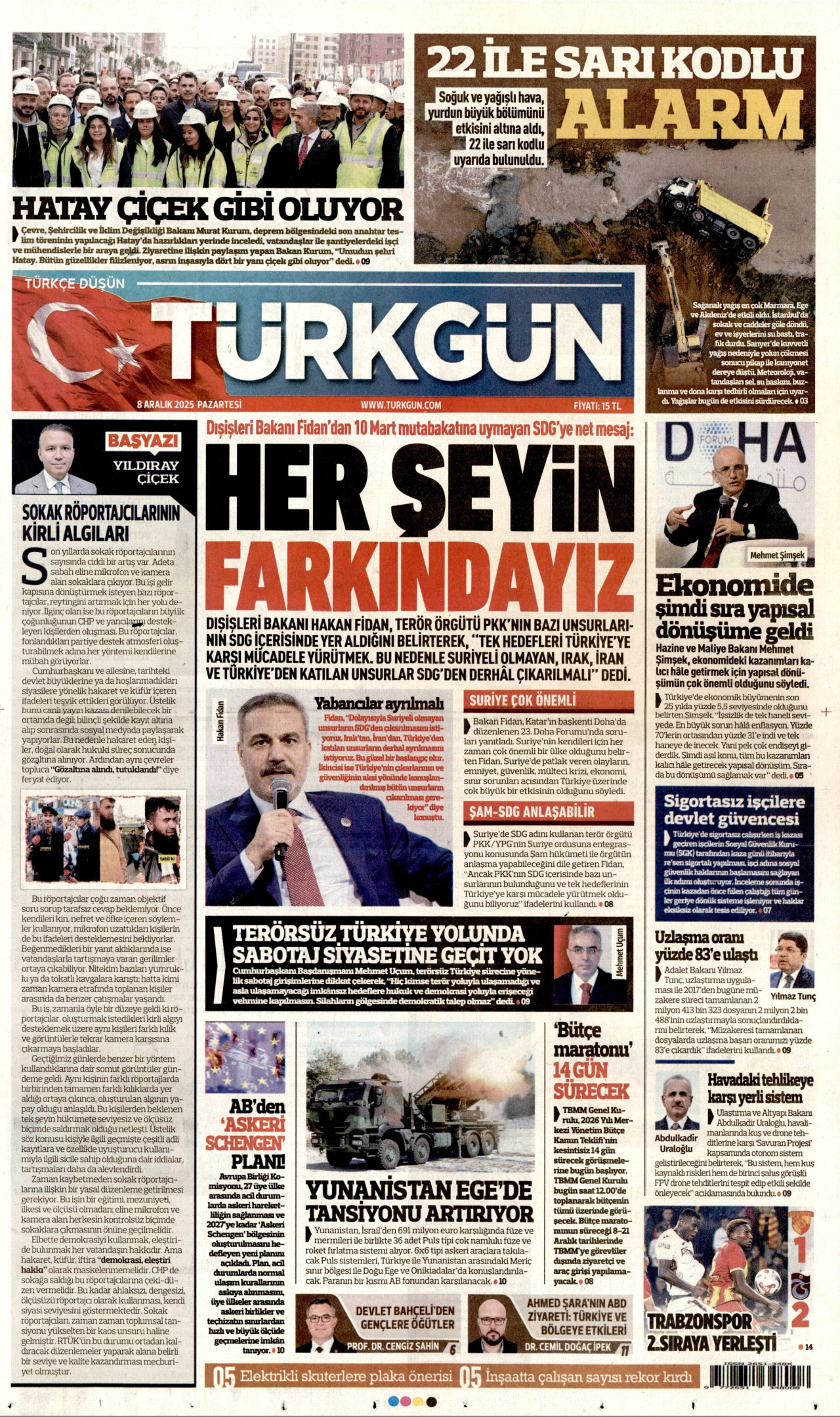 TÜRKGÜN gazetesinin 8 Aralık 2025 tarihli birinci sayfası