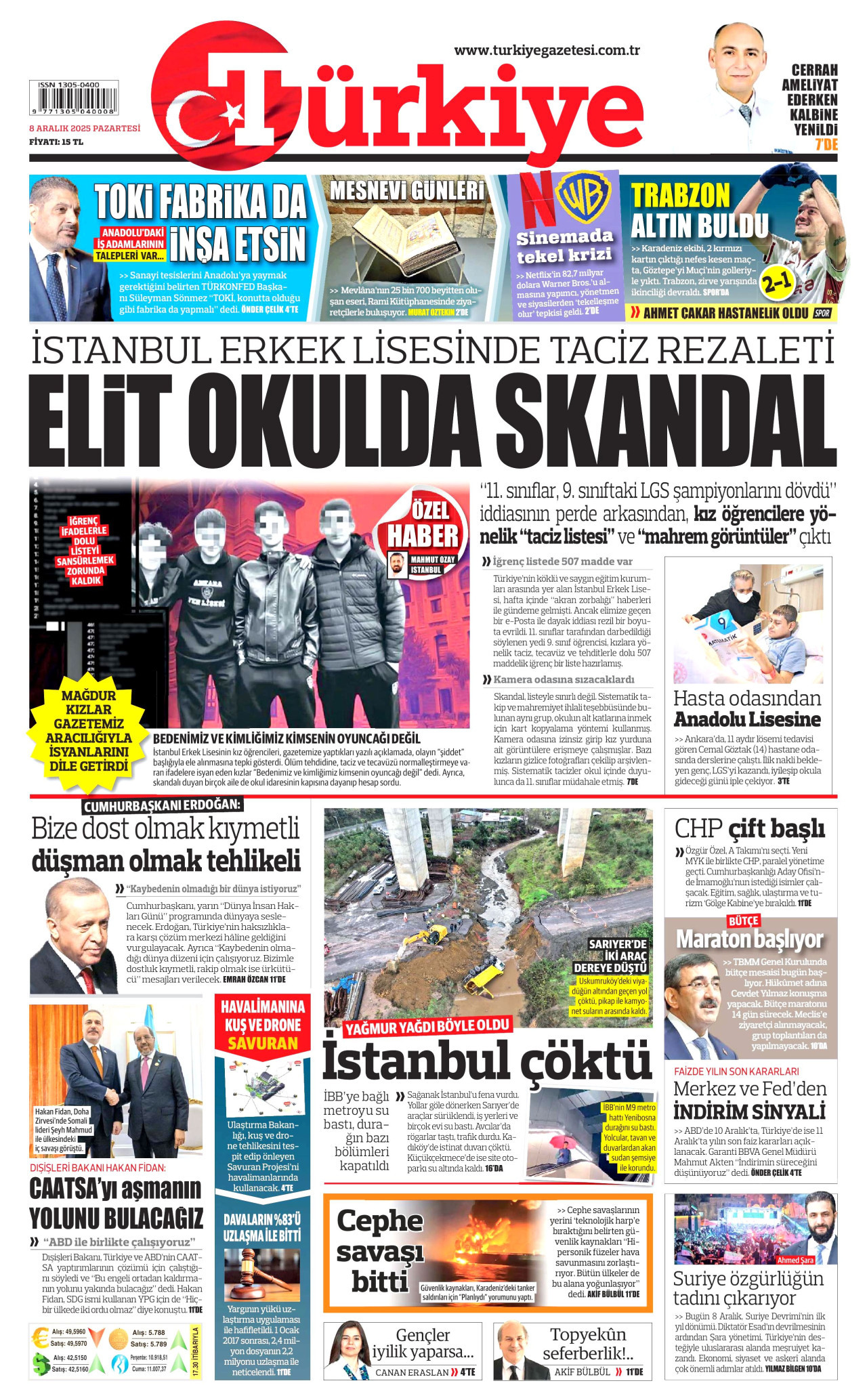 TÜRKİYE GAZETESİ gazetesinin 8 Aralık 2025 tarihli birinci sayfası