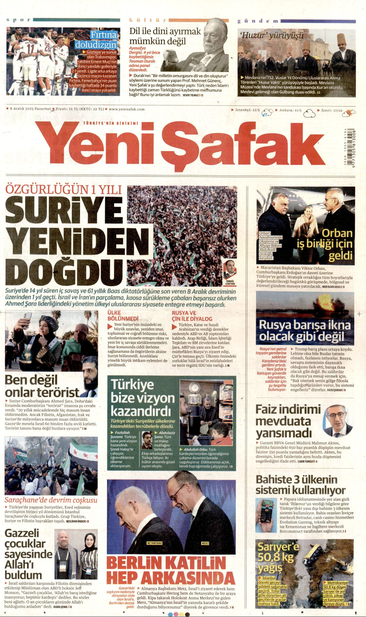 YENİ ŞAFAK gazetesinin 8 Aralık 2025 tarihli birinci sayfası