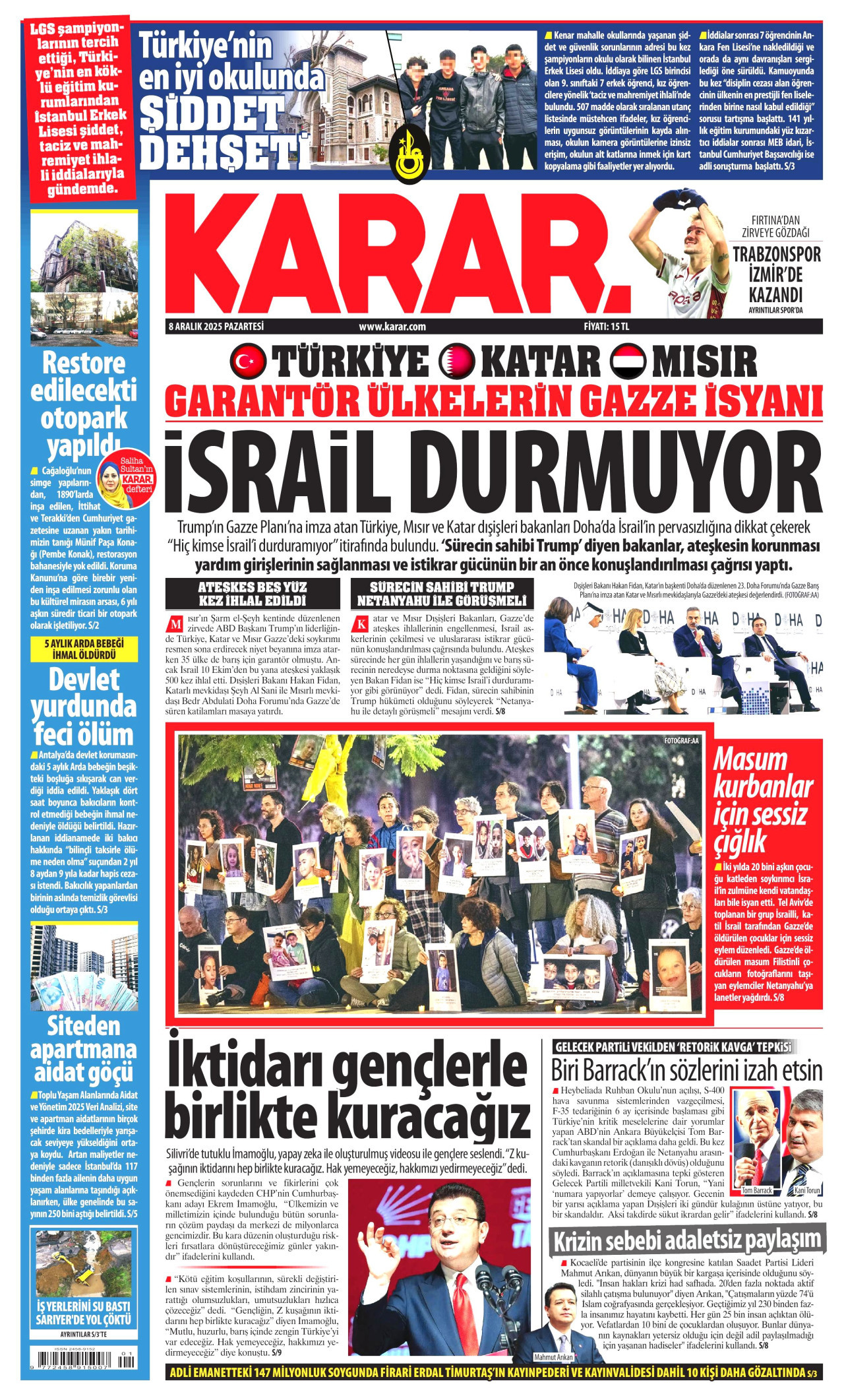 KARAR gazetesinin 8 Aralık 2025 tarihli birinci sayfası