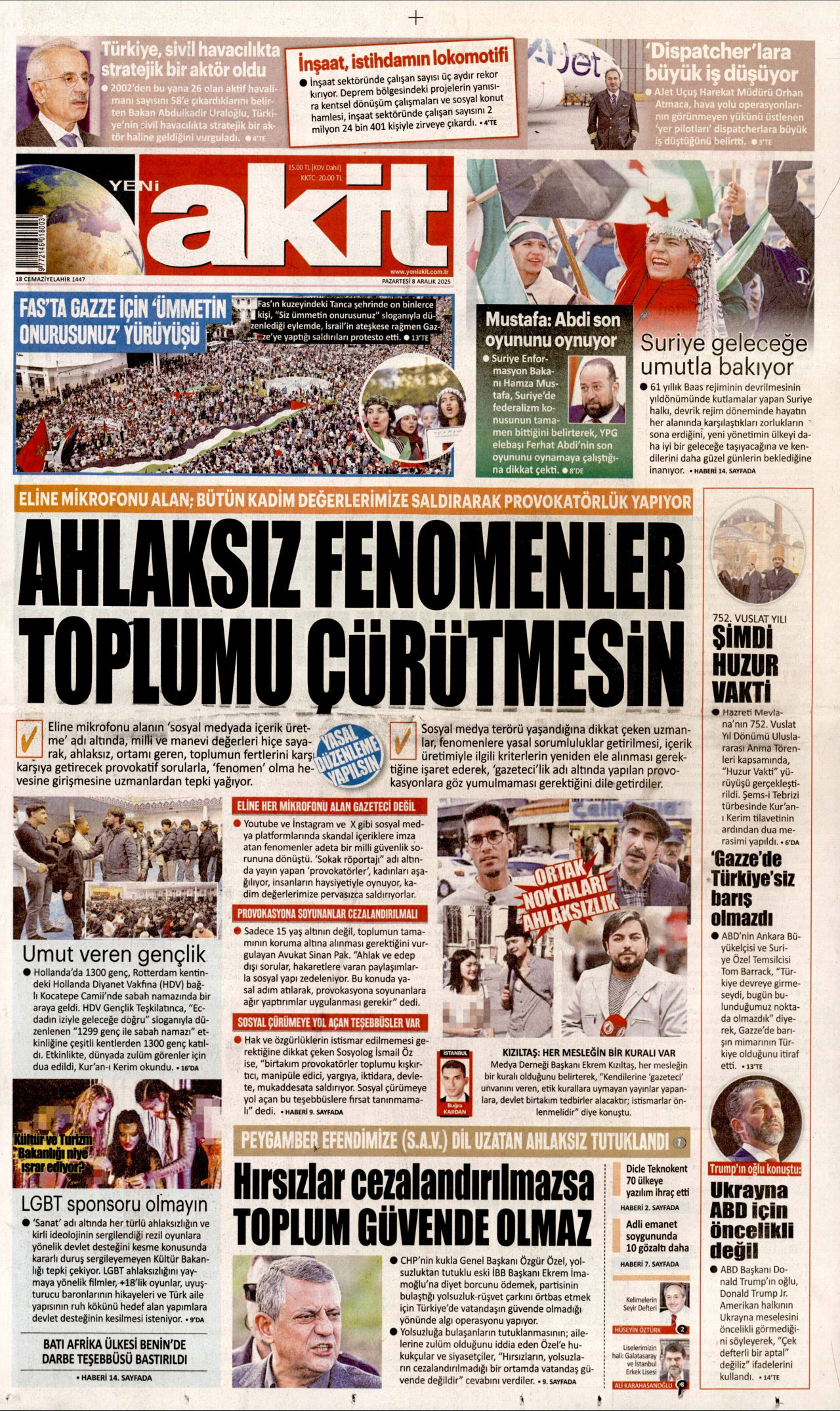 YENİ AKİT gazetesinin 8 Aralık 2025 tarihli birinci sayfası