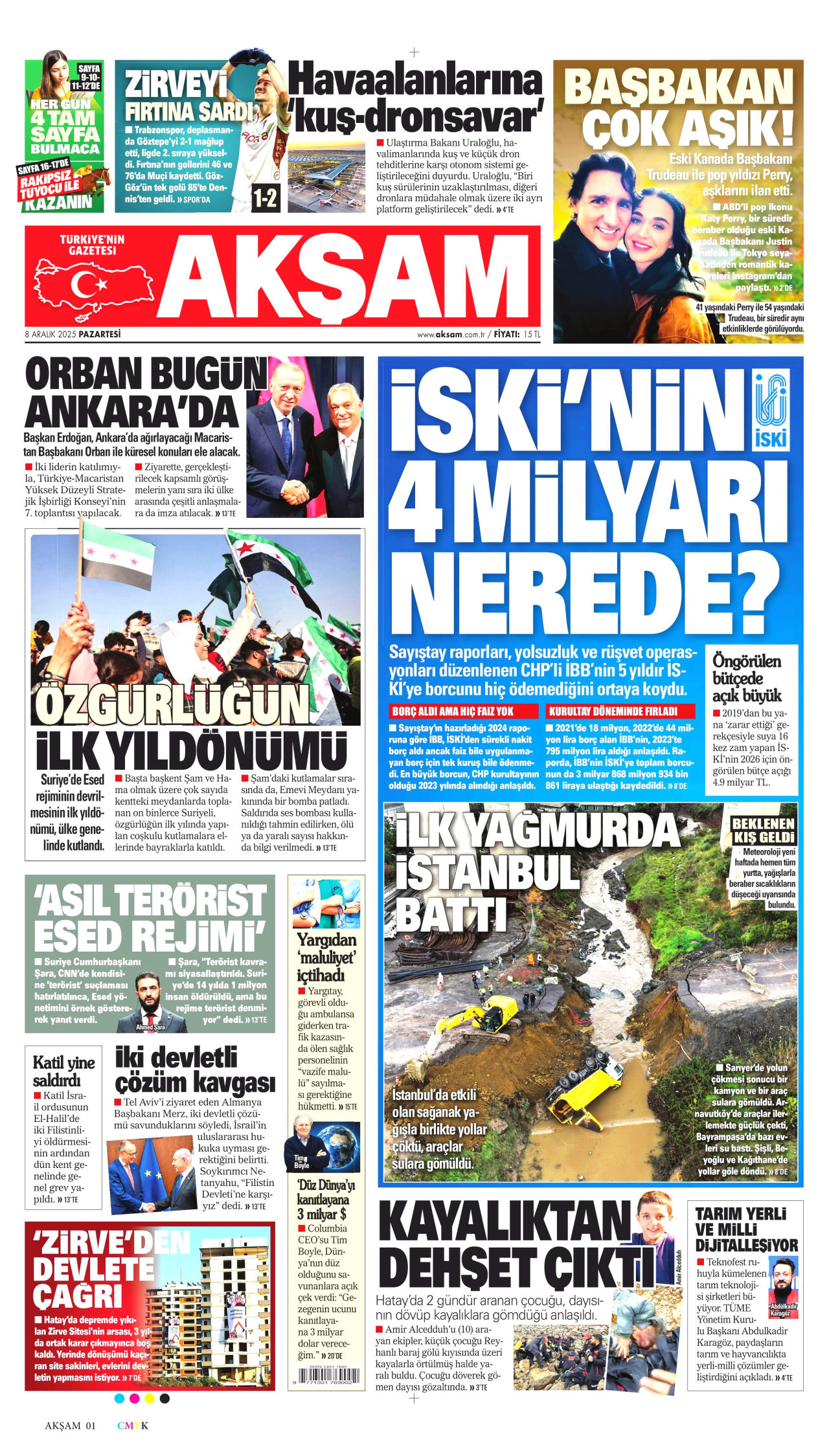 AKŞAM gazetesinin 8 Aralık 2025 tarihli birinci sayfası