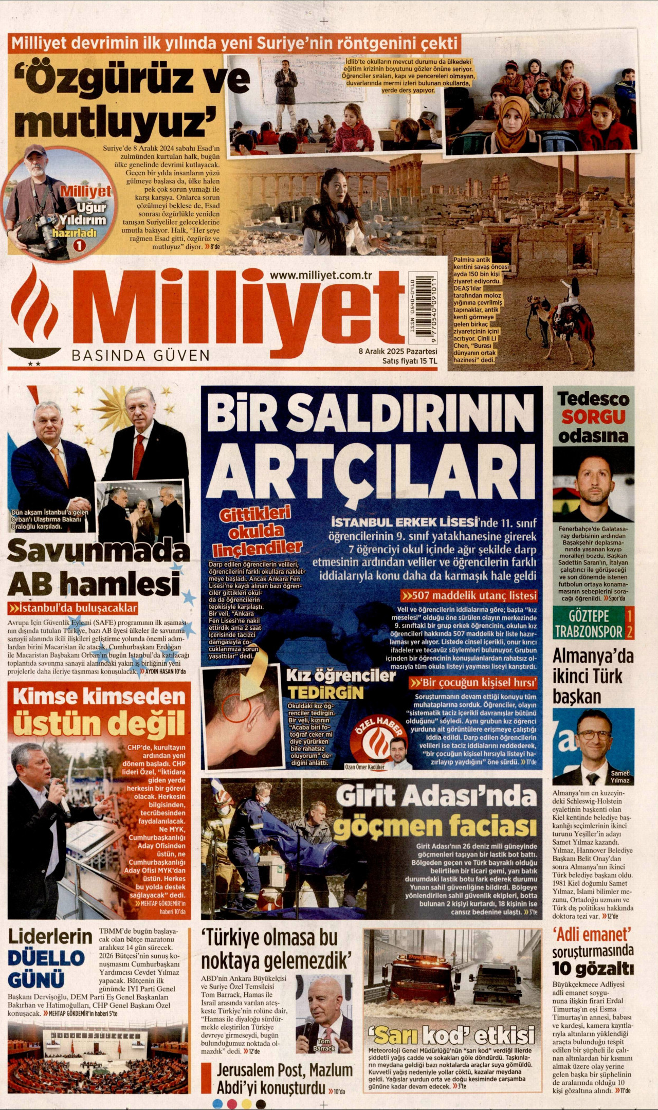 MİLLİYET gazetesinin 8 Aralık 2025 tarihli birinci sayfası