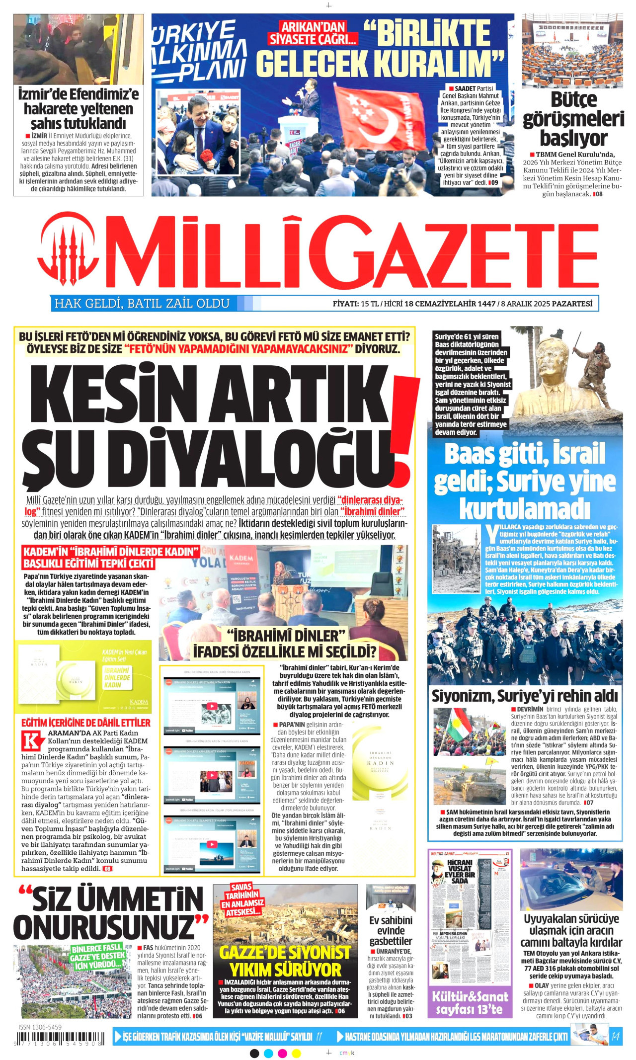 MİLLİ GAZETE gazetesinin 8 Aralık 2025 tarihli birinci sayfası
