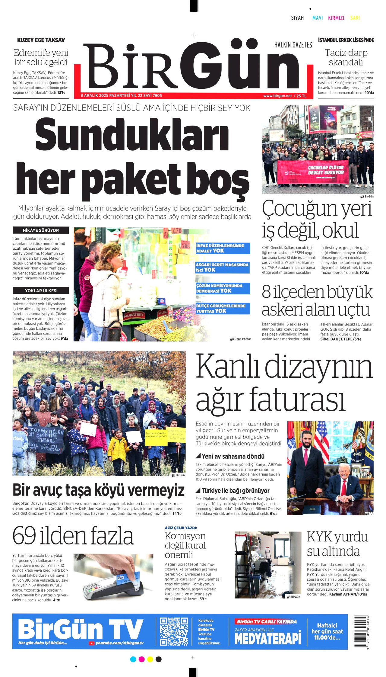 BİRGÜN gazetesinin 8 Aralık 2025 tarihli birinci sayfası