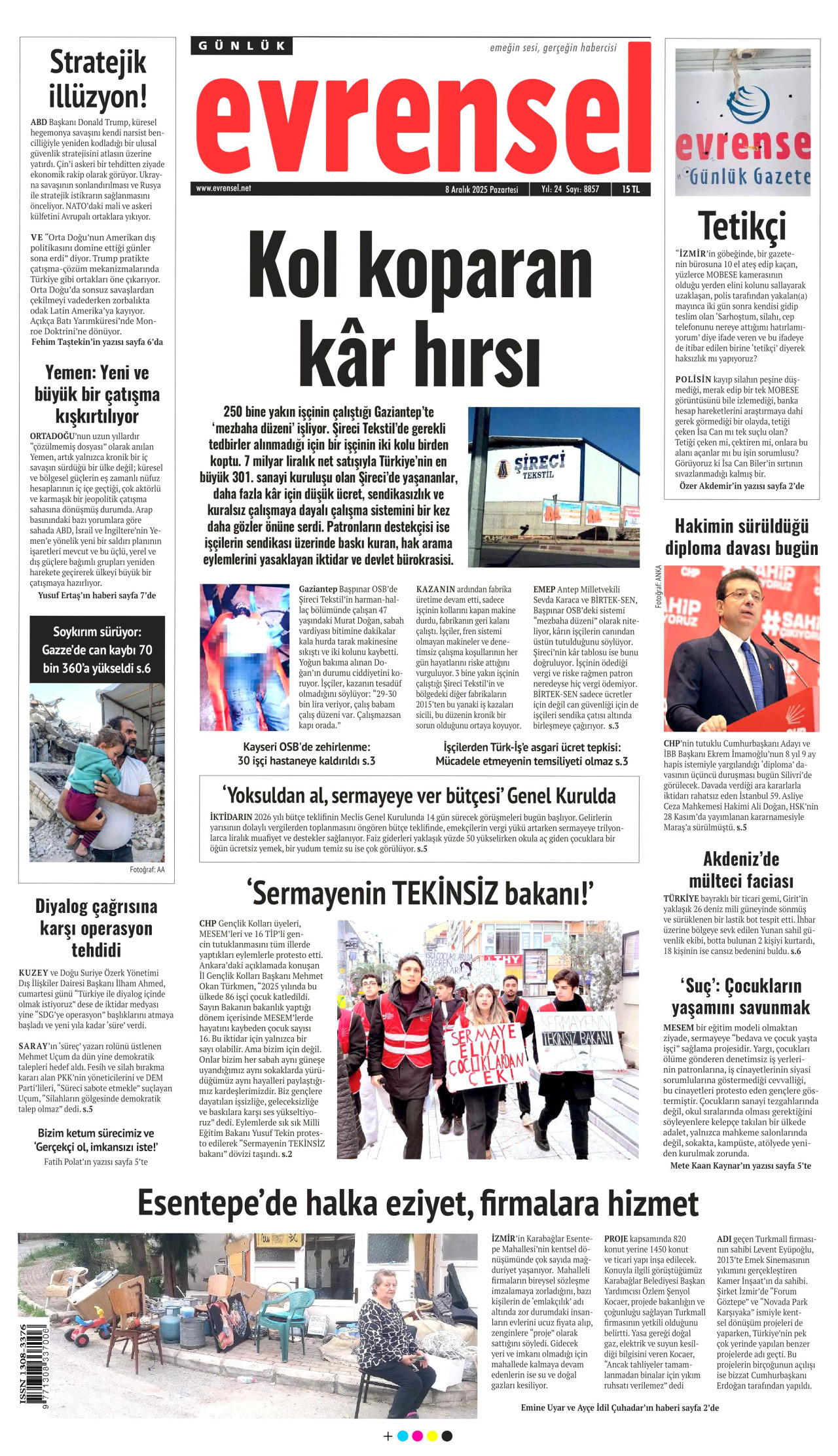 EVRENSEL gazetesinin 8 Aralık 2025 tarihli birinci sayfası