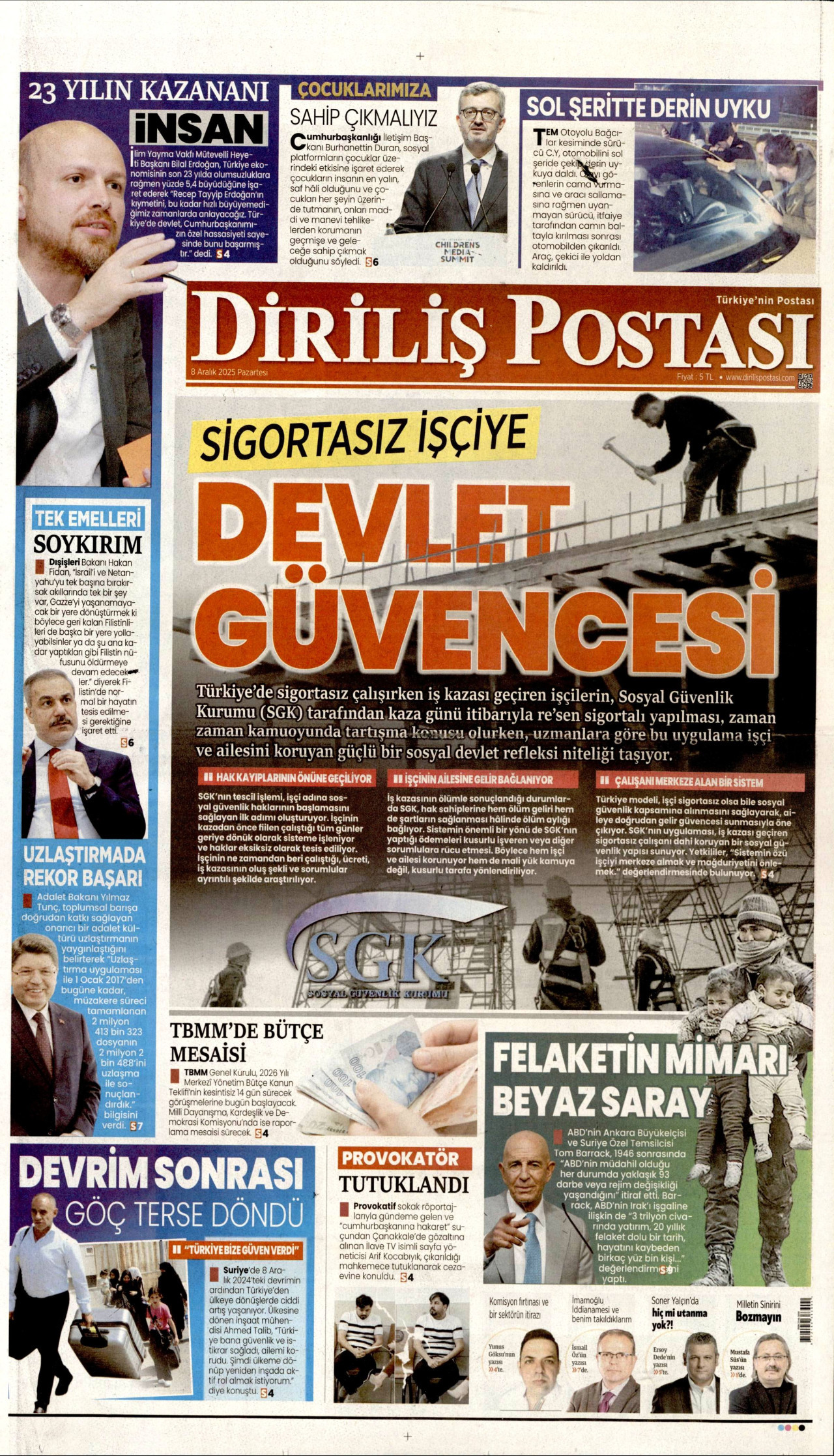 DİRİLİŞ POSTASI gazetesinin 8 Aralık 2025 tarihli birinci sayfası