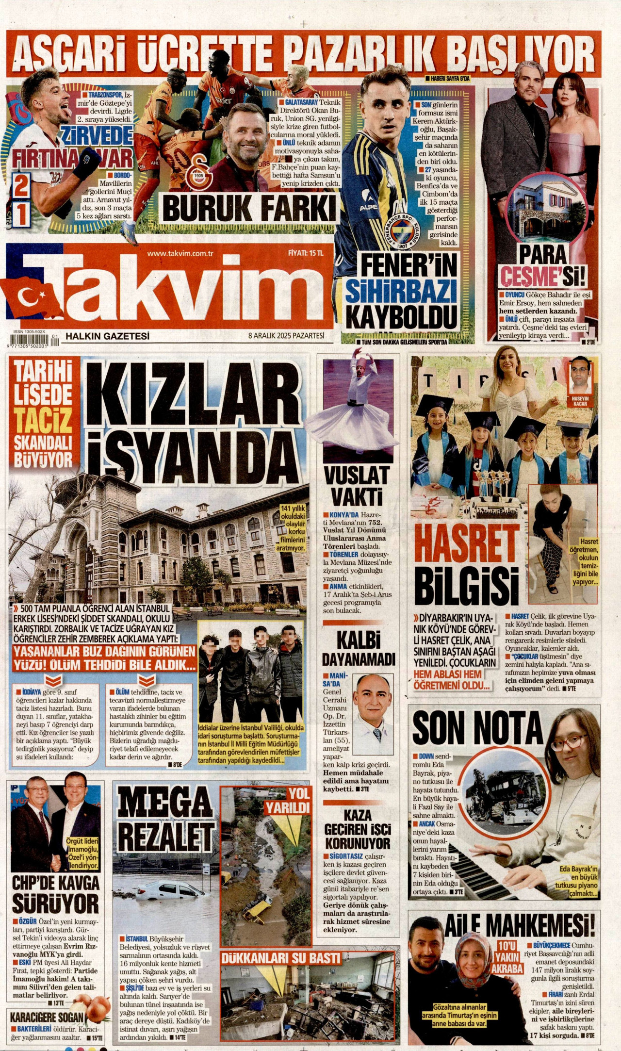 TAKVİM gazetesinin 8 Aralık 2025 tarihli birinci sayfası