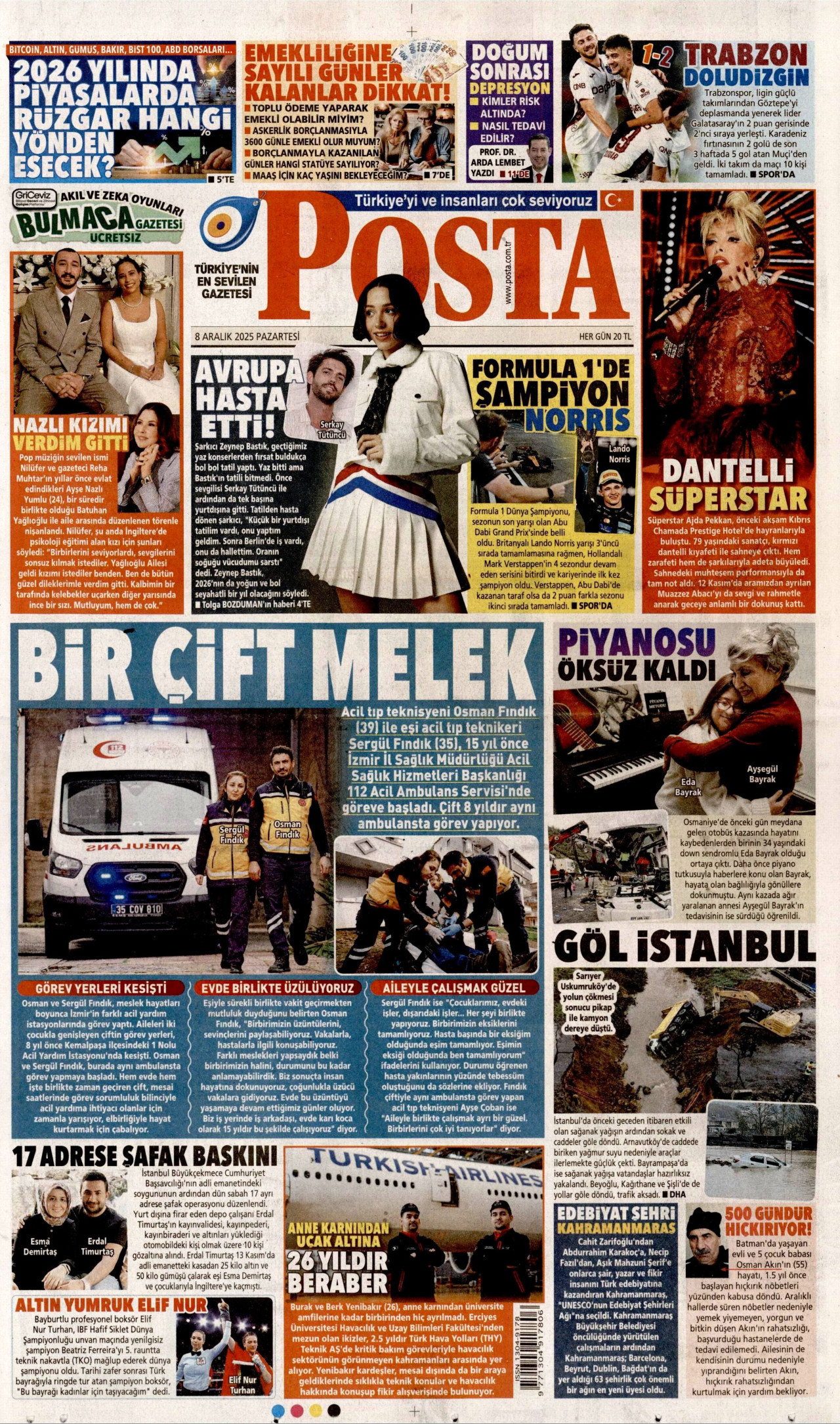 POSTA gazetesinin 8 Aralık 2025 tarihli birinci sayfası