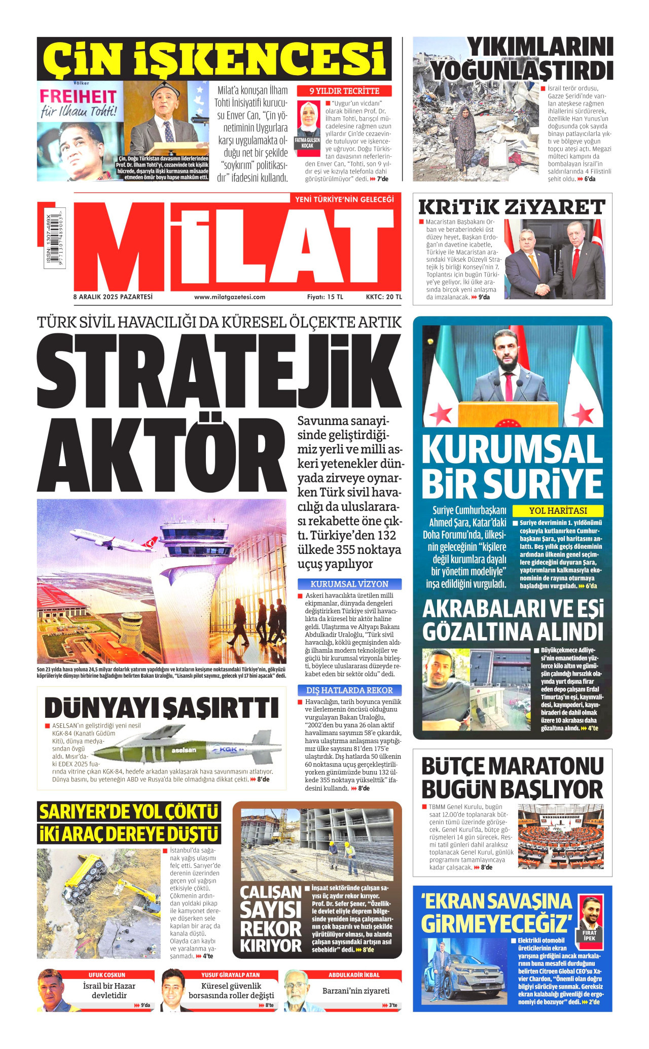 MİLAT gazetesinin 8 Aralık 2025 tarihli birinci sayfası