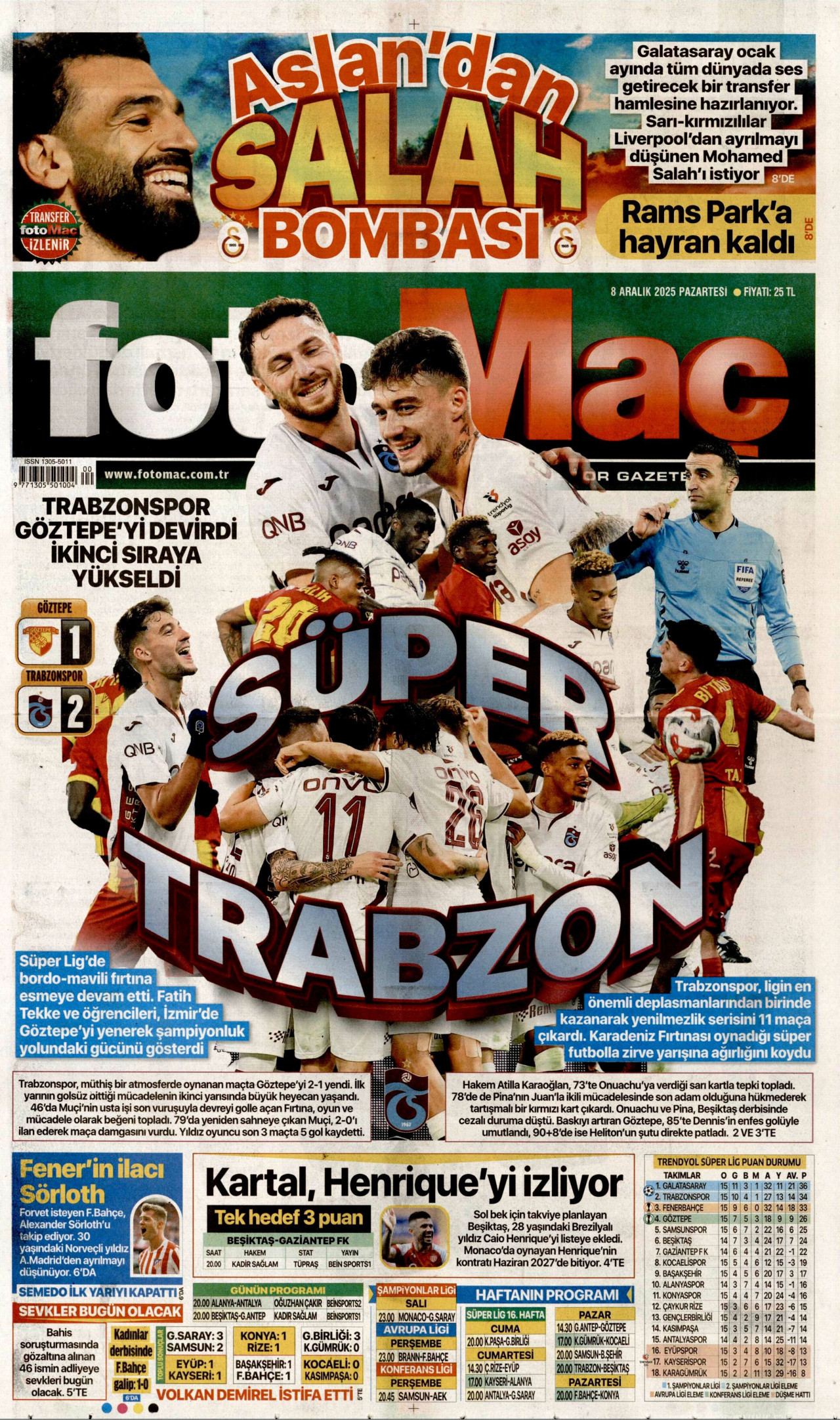 FOTOMAÇ gazetesinin 8 Aralık 2025 tarihli birinci sayfası