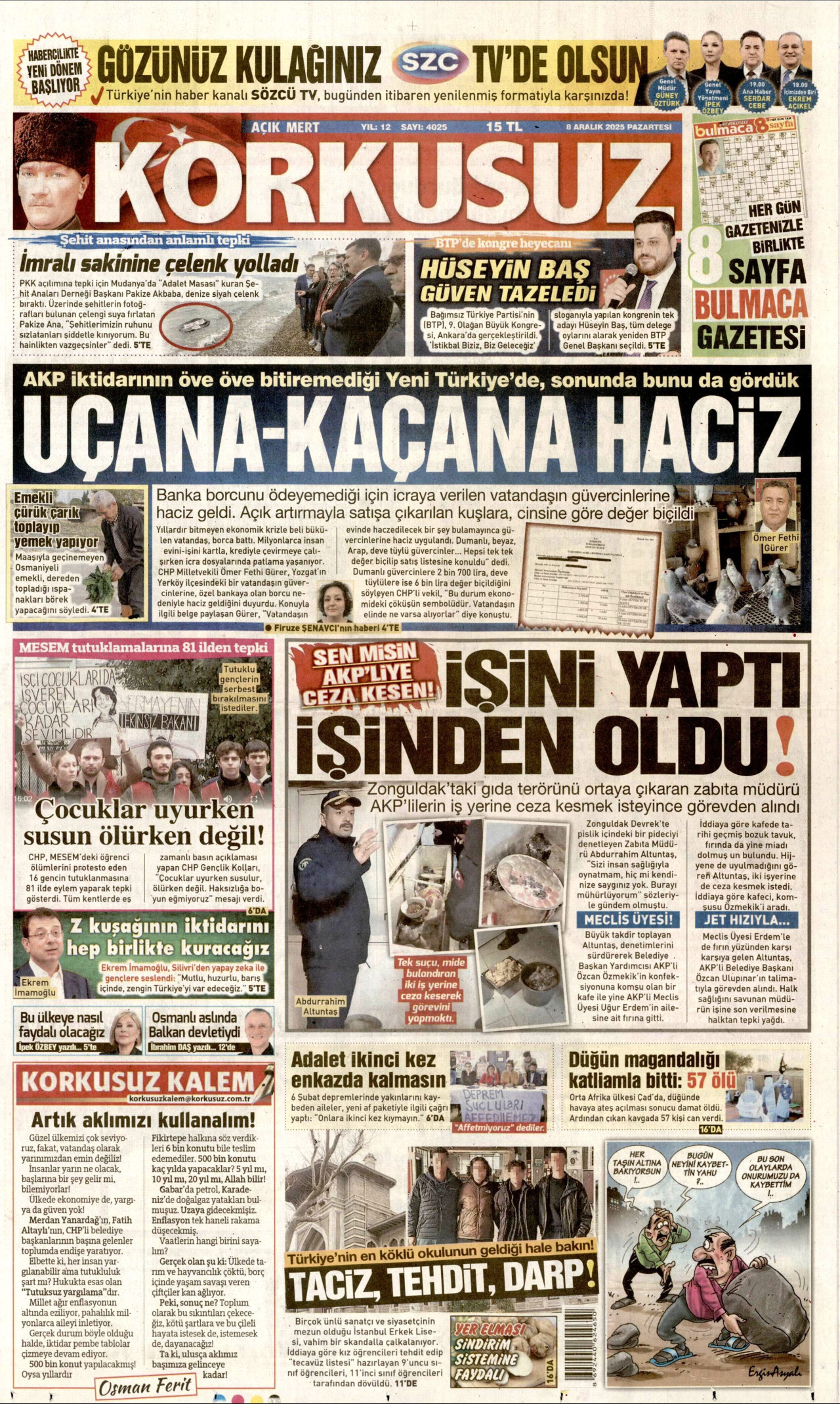 KORKUSUZ gazetesinin 8 Aralık 2025 tarihli birinci sayfası
