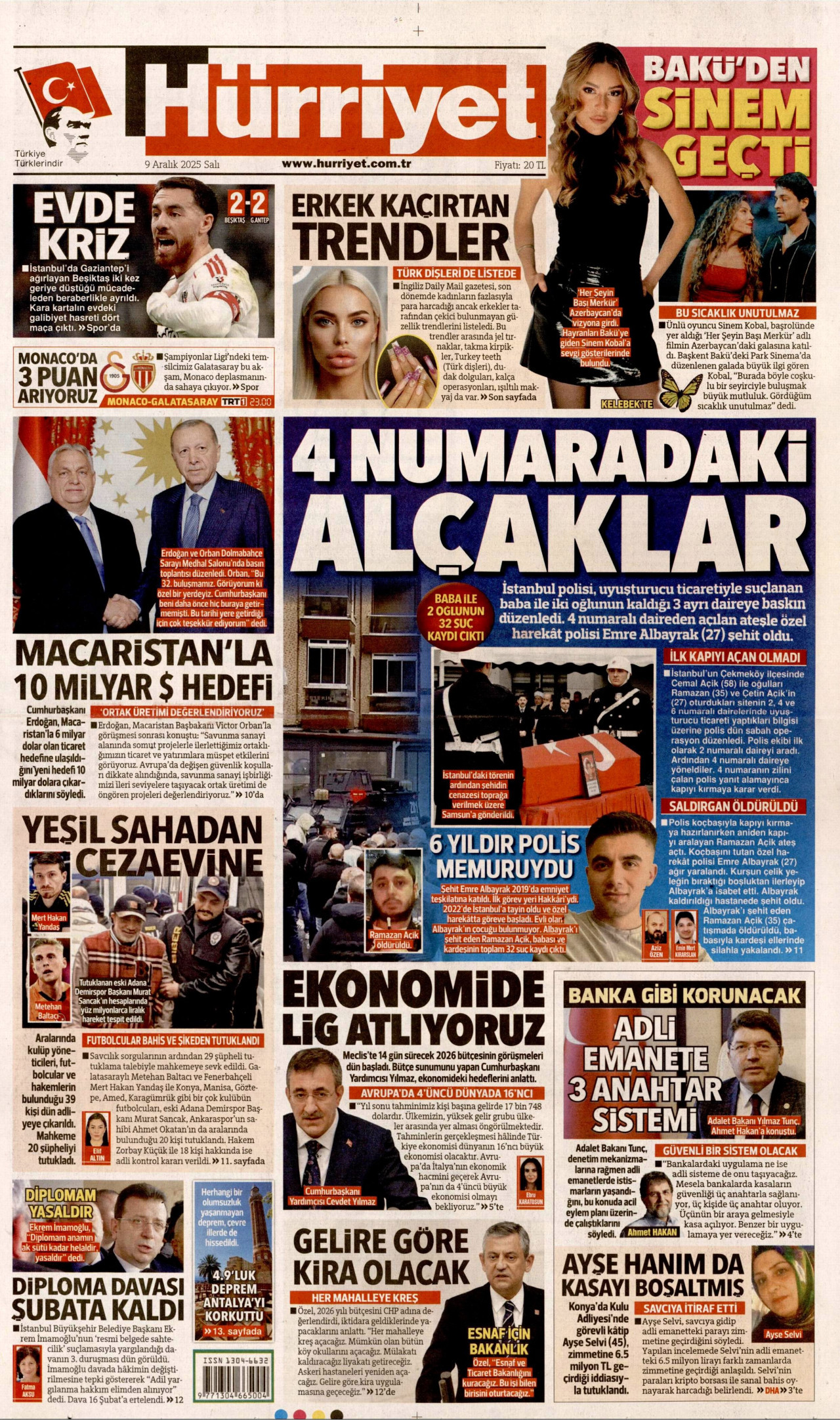 HÜRRİYET gazetesinin 9 Aralık 2025 tarihli birinci sayfası