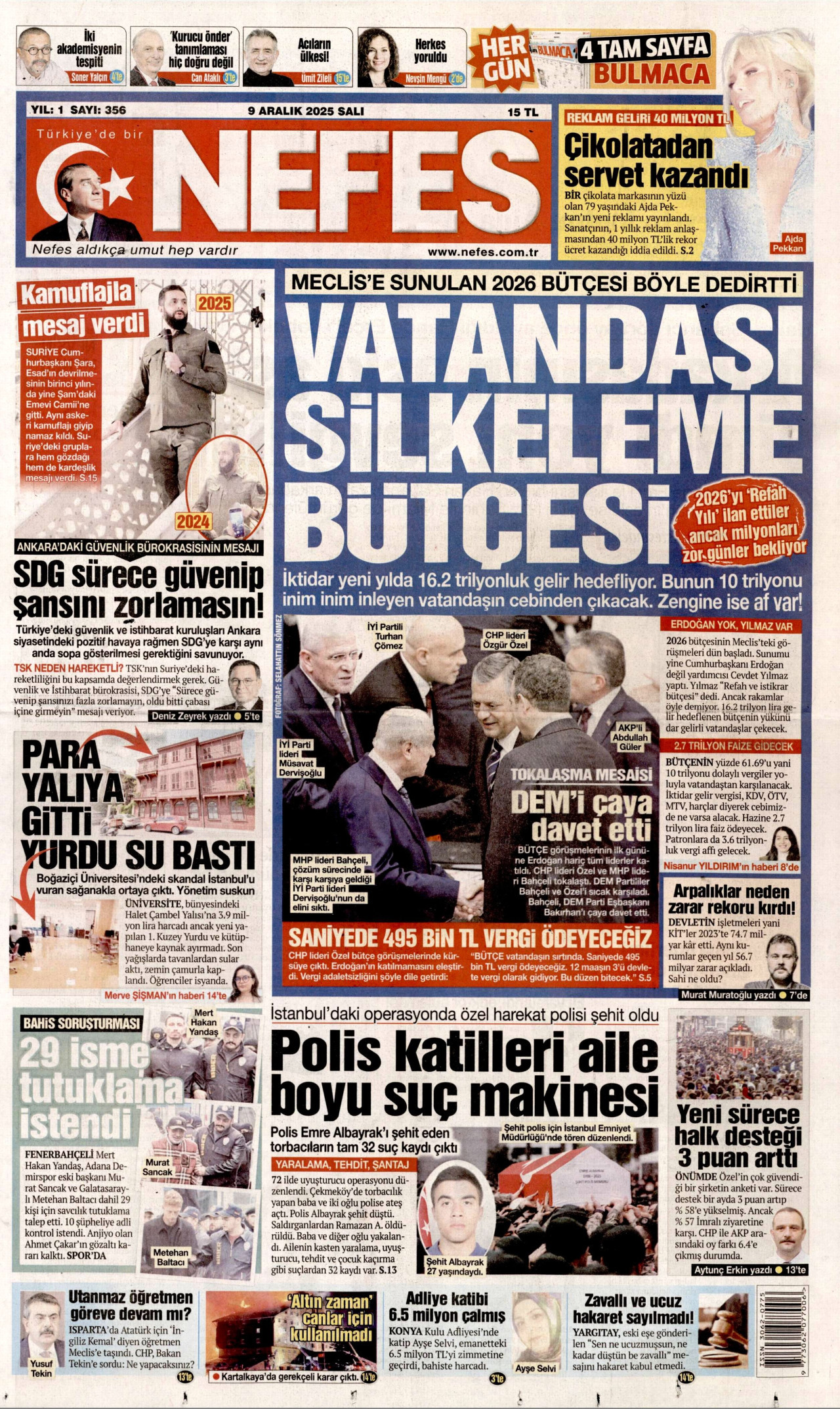 NEFES gazetesinin 9 Aralık 2025 tarihli birinci sayfası