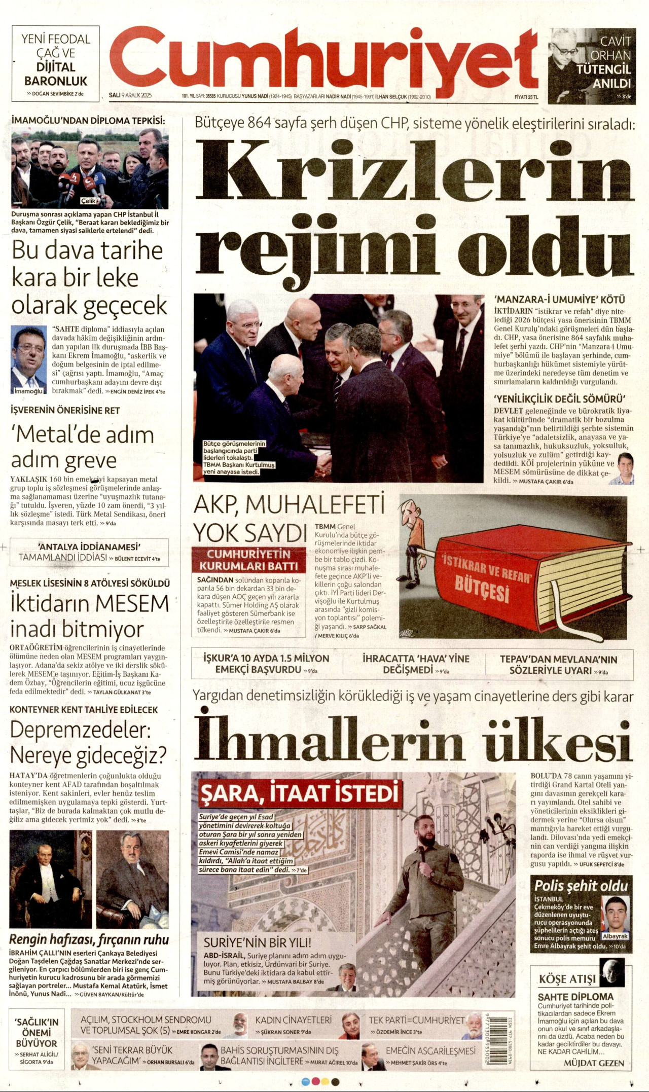 CUMHURİYET gazetesinin 9 Aralık 2025 tarihli birinci sayfası