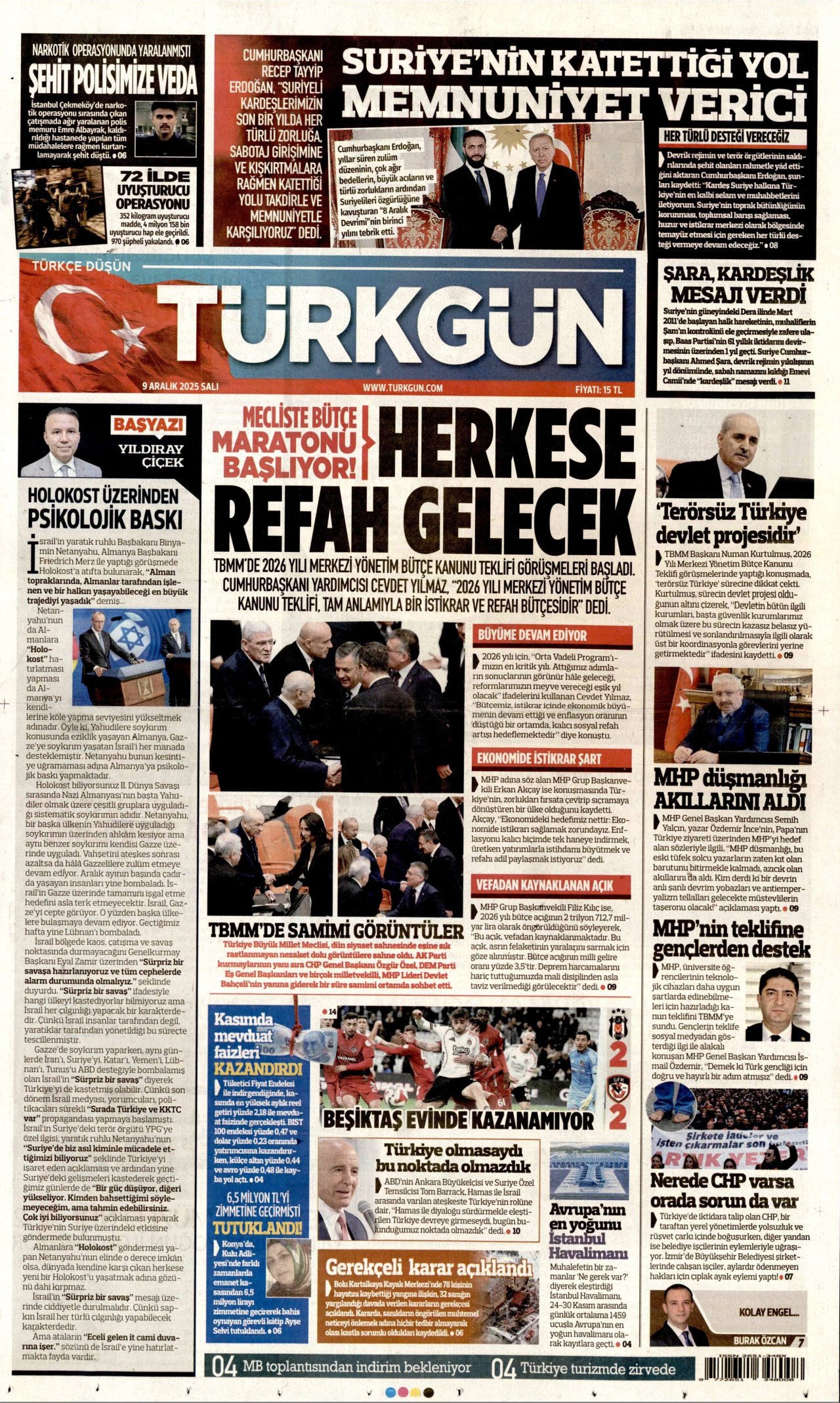 TÜRKGÜN gazetesinin 9 Aralık 2025 tarihli birinci sayfası