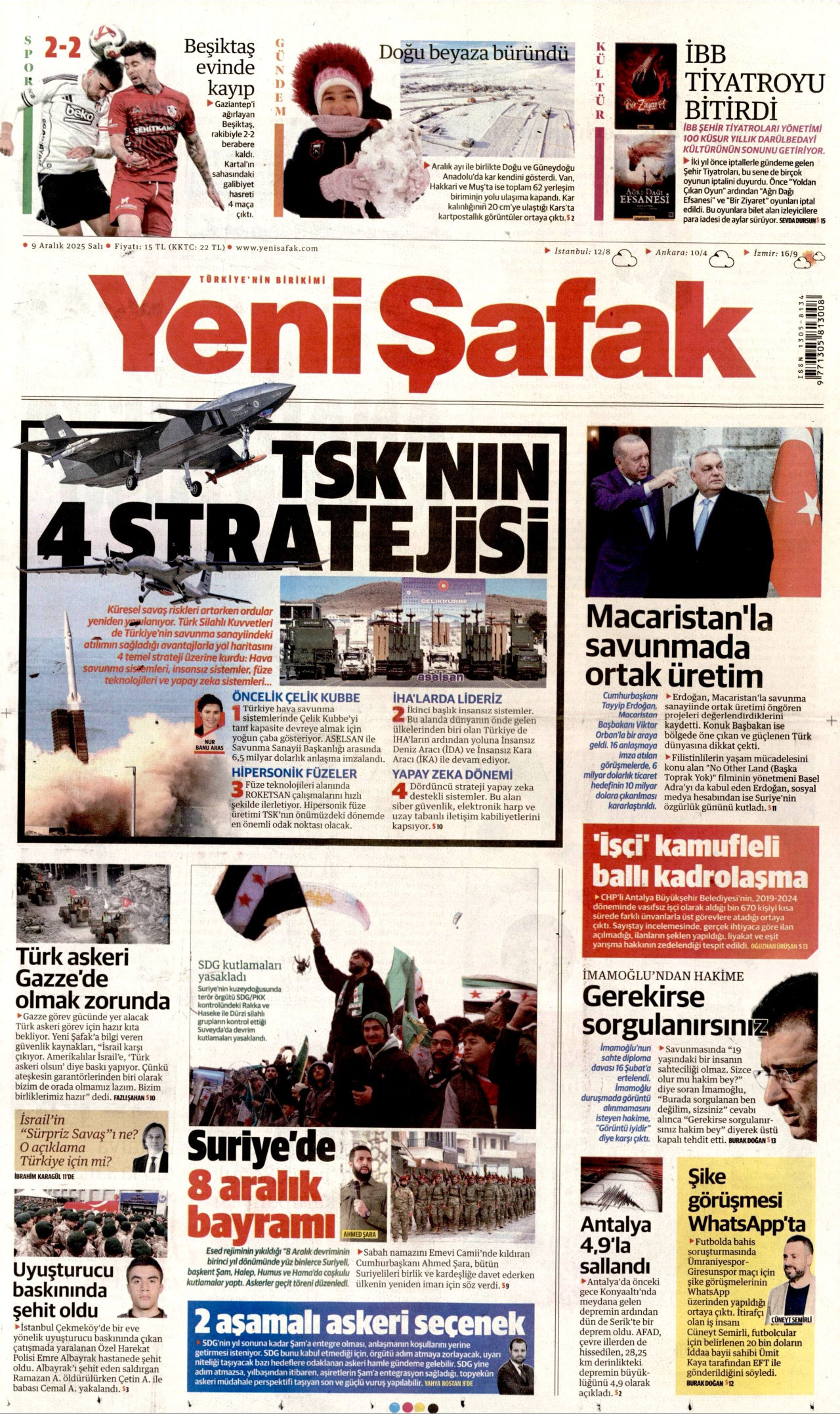 YENİ ŞAFAK gazetesinin 9 Aralık 2025 tarihli birinci sayfası
