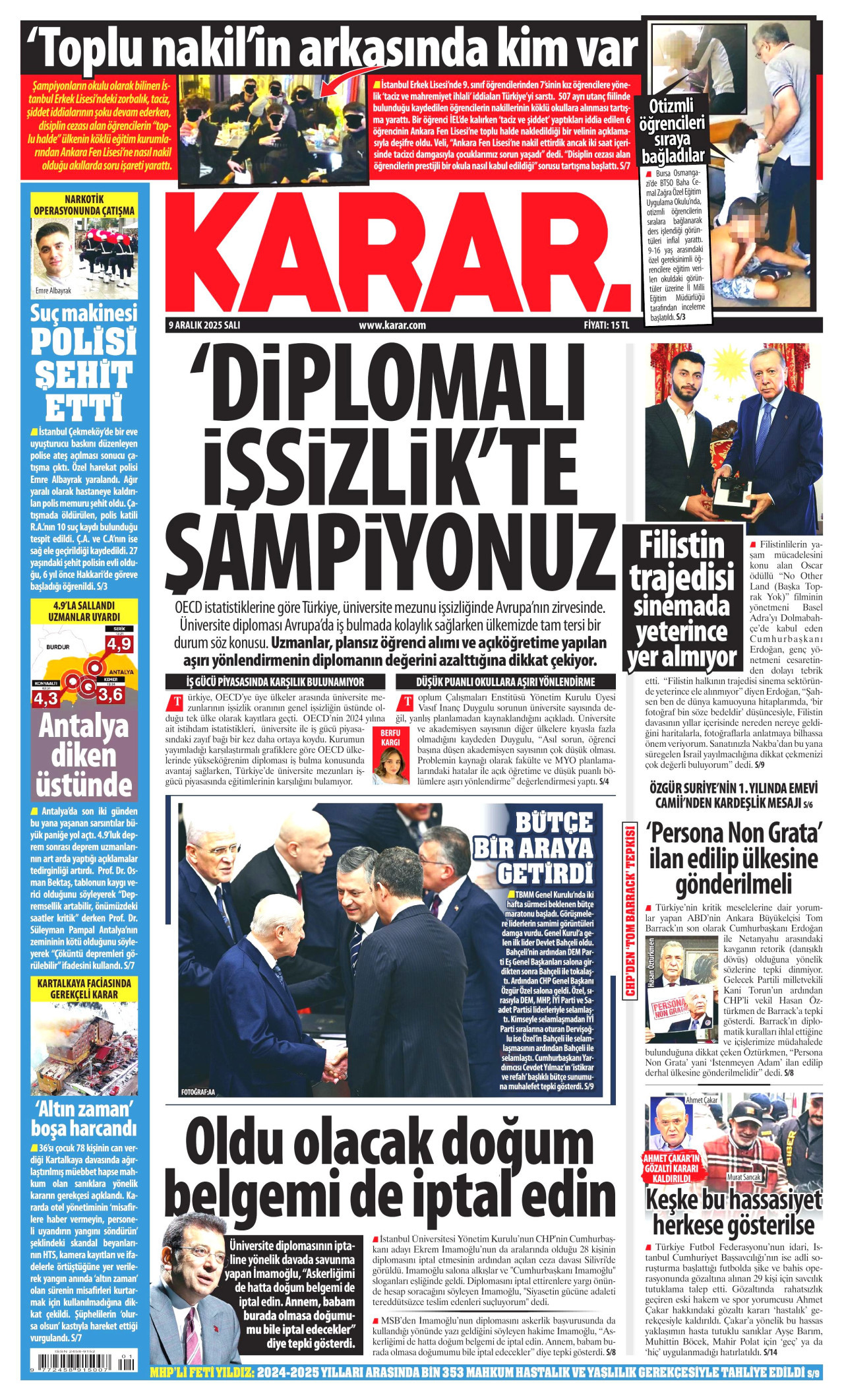 KARAR gazetesinin 9 Aralık 2025 tarihli birinci sayfası