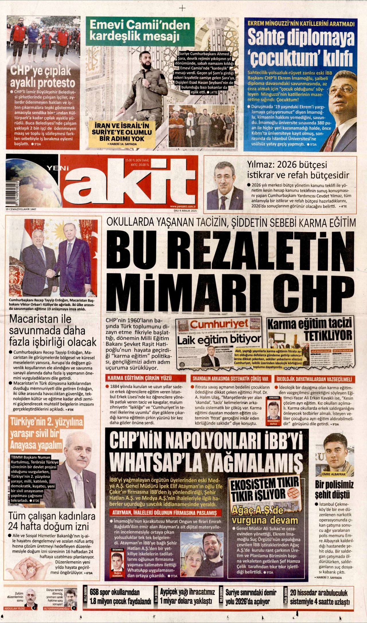 YENİ AKİT gazetesinin 9 Aralık 2025 tarihli birinci sayfası