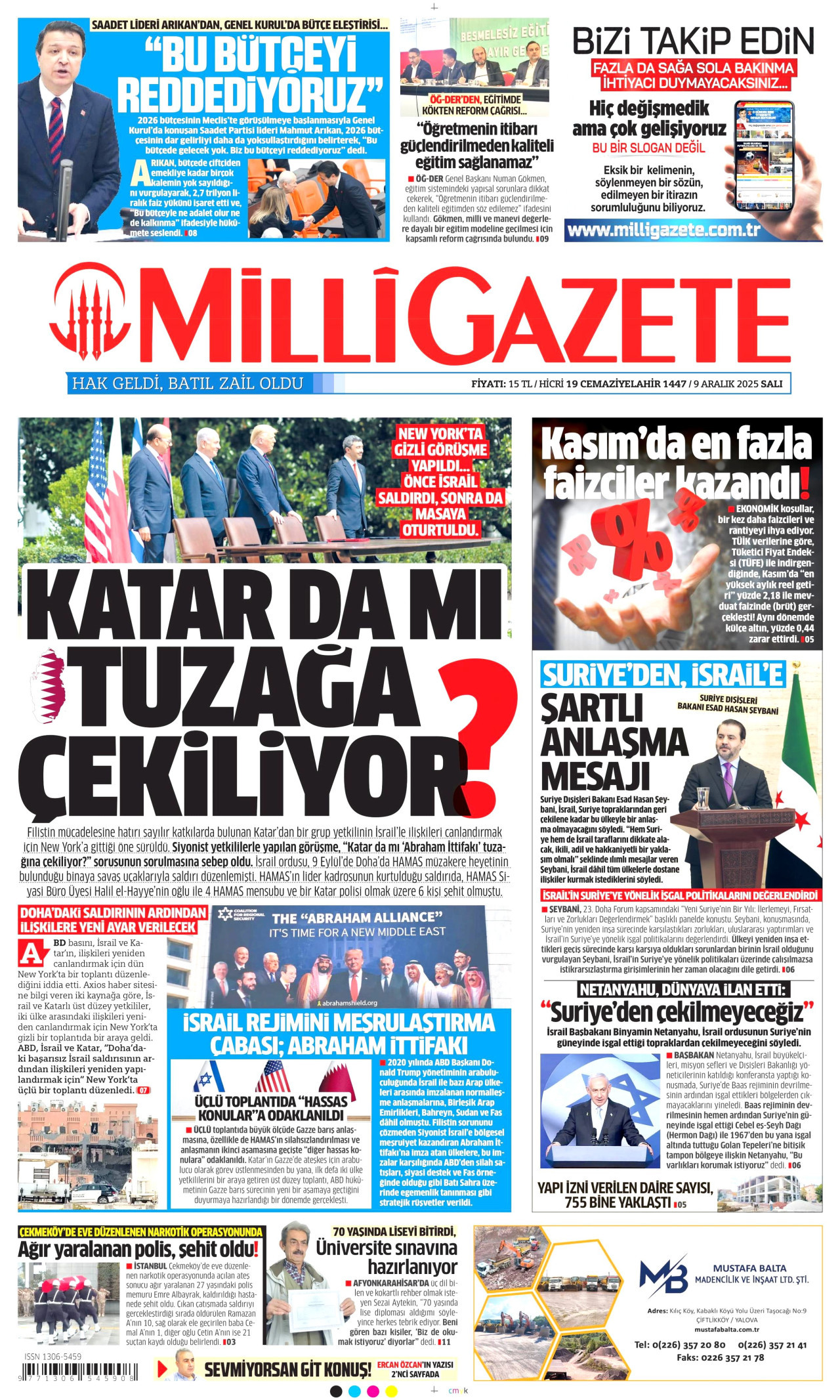 MİLLİ GAZETE gazetesinin 9 Aralık 2025 tarihli birinci sayfası