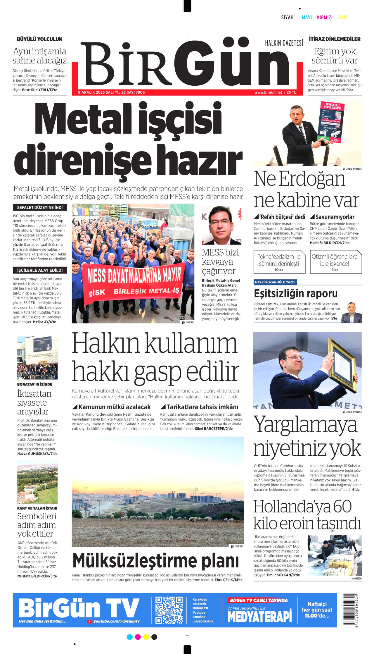 BİRGÜN gazetesinin 9 Aralık 2025 tarihli birinci sayfası