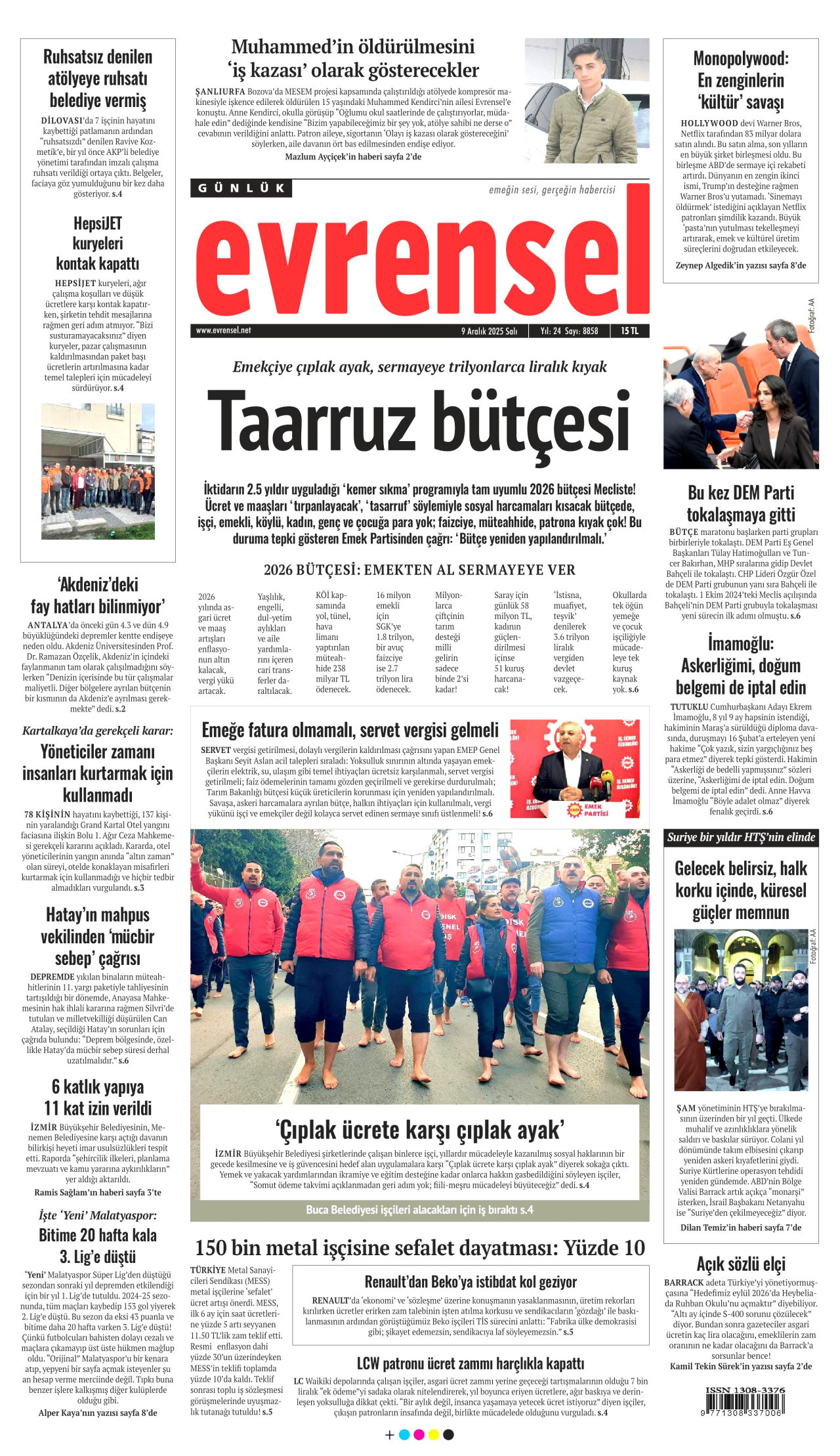 EVRENSEL gazetesinin 9 Aralık 2025 tarihli birinci sayfası