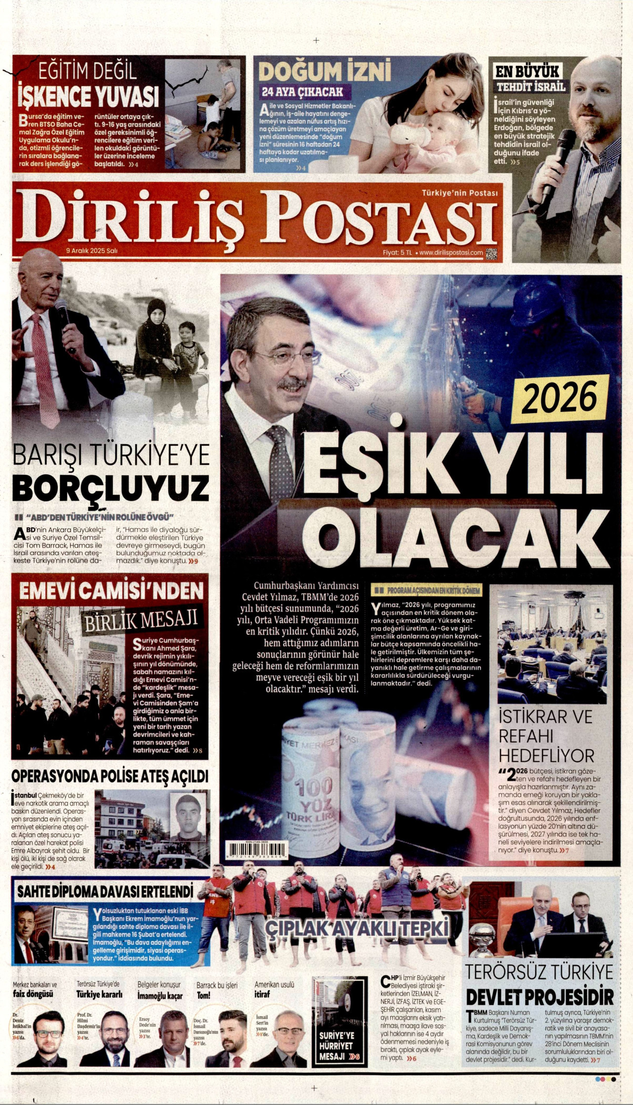 DİRİLİŞ POSTASI gazetesinin 9 Aralık 2025 tarihli birinci sayfası
