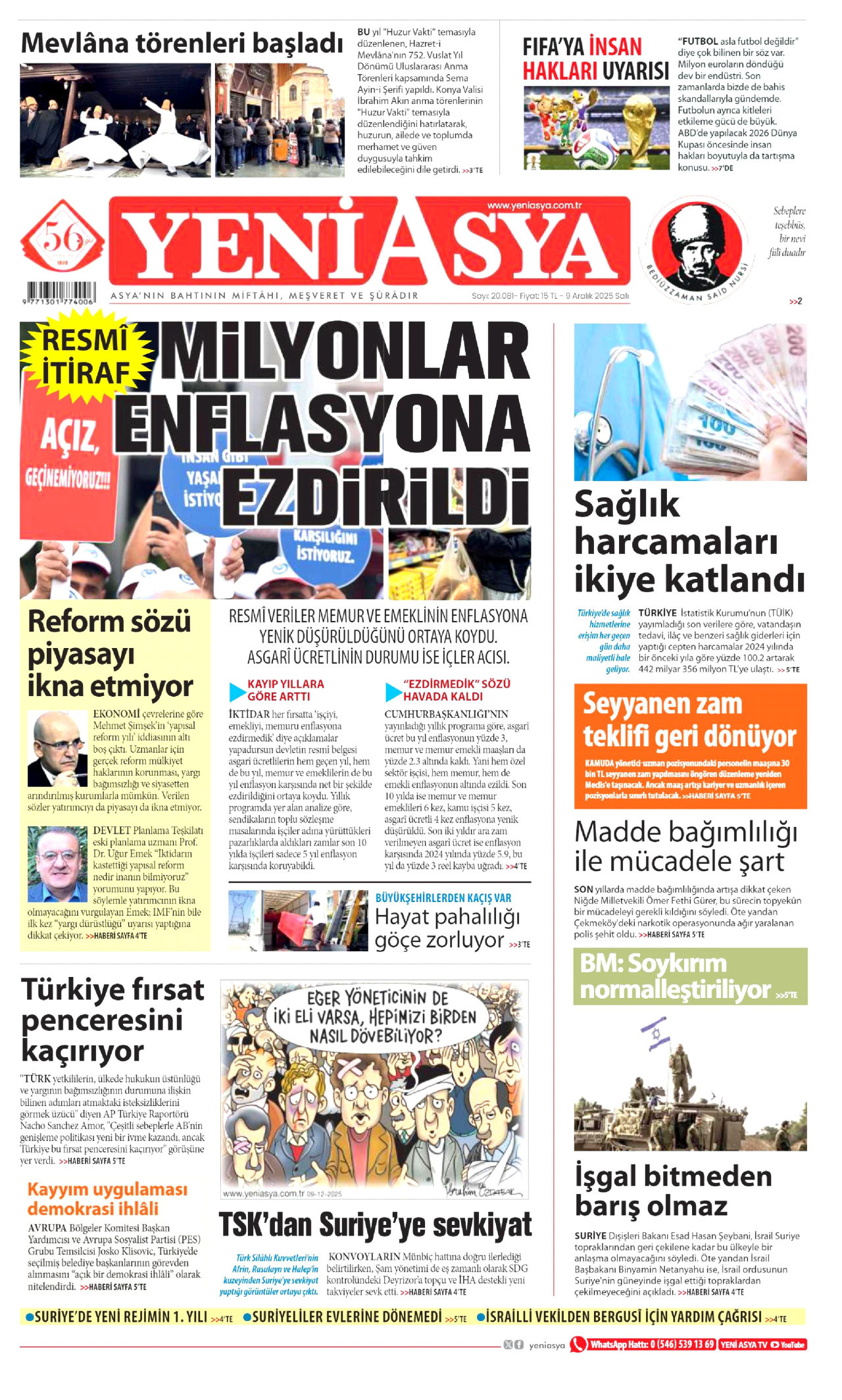 YENİ ASYA gazetesinin 9 Aralık 2025 tarihli birinci sayfası