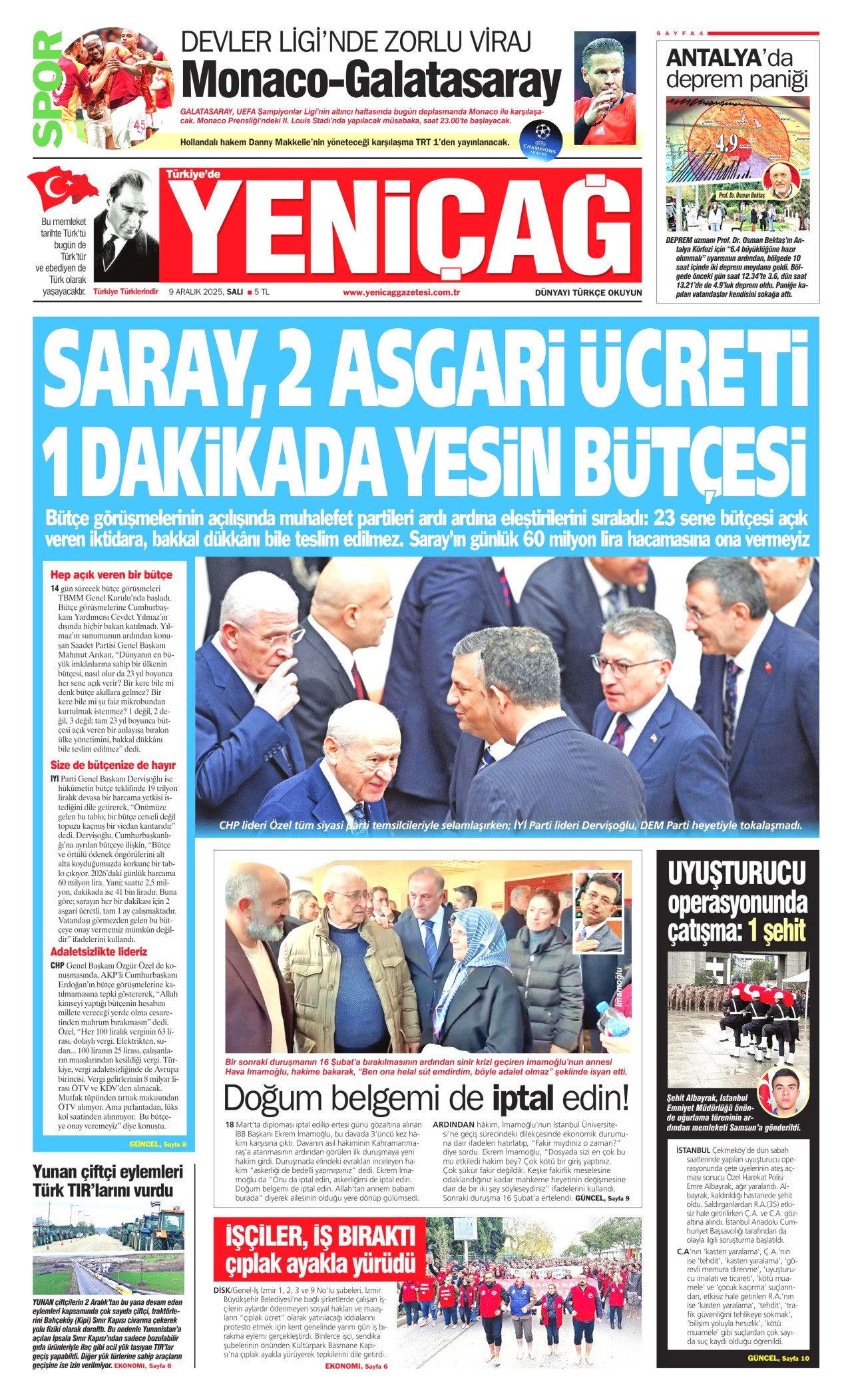 YENİÇAĞ gazetesinin 9 Aralık 2025 tarihli birinci sayfası