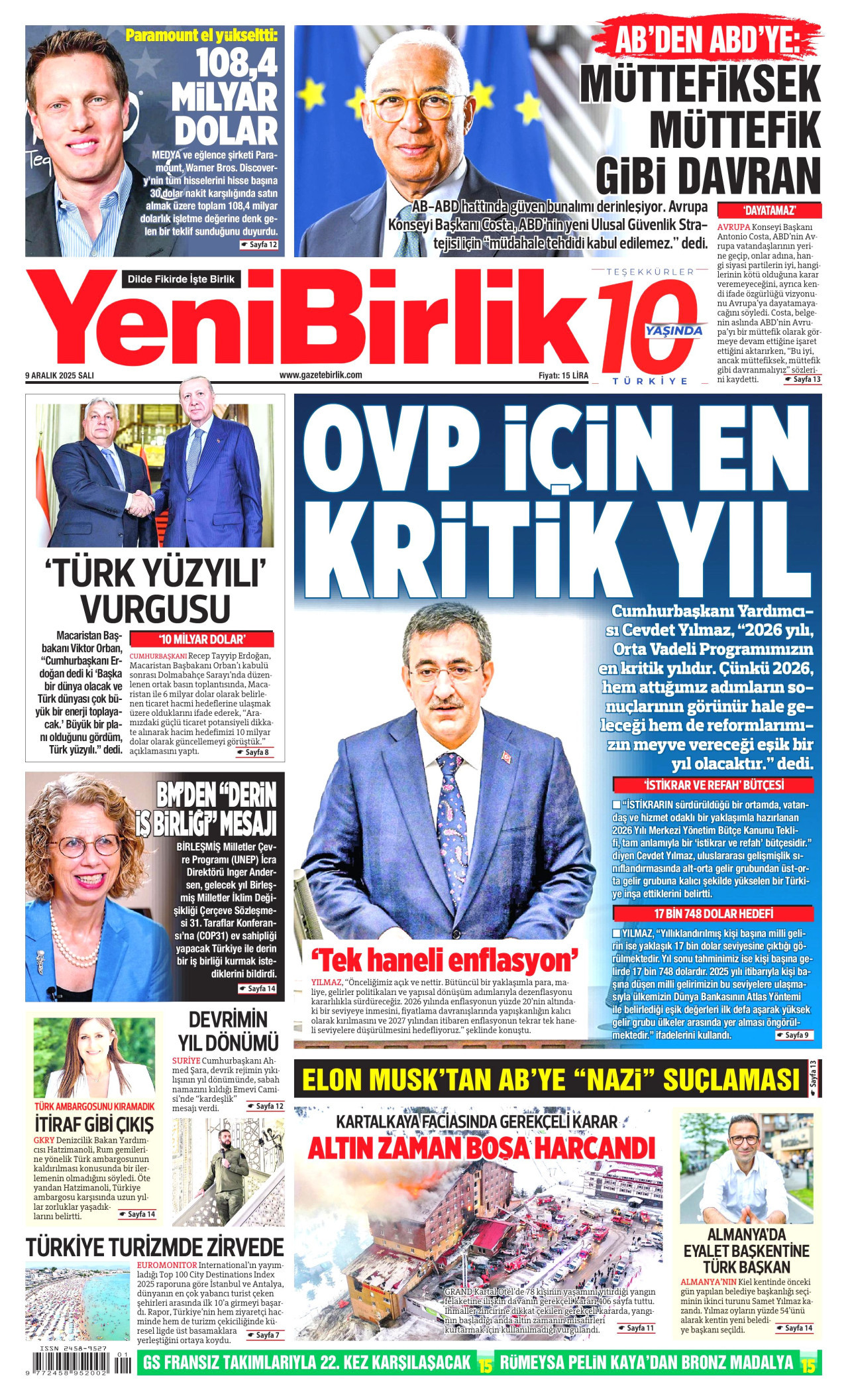 YENİBİRLİK gazetesinin 9 Aralık 2025 tarihli birinci sayfası